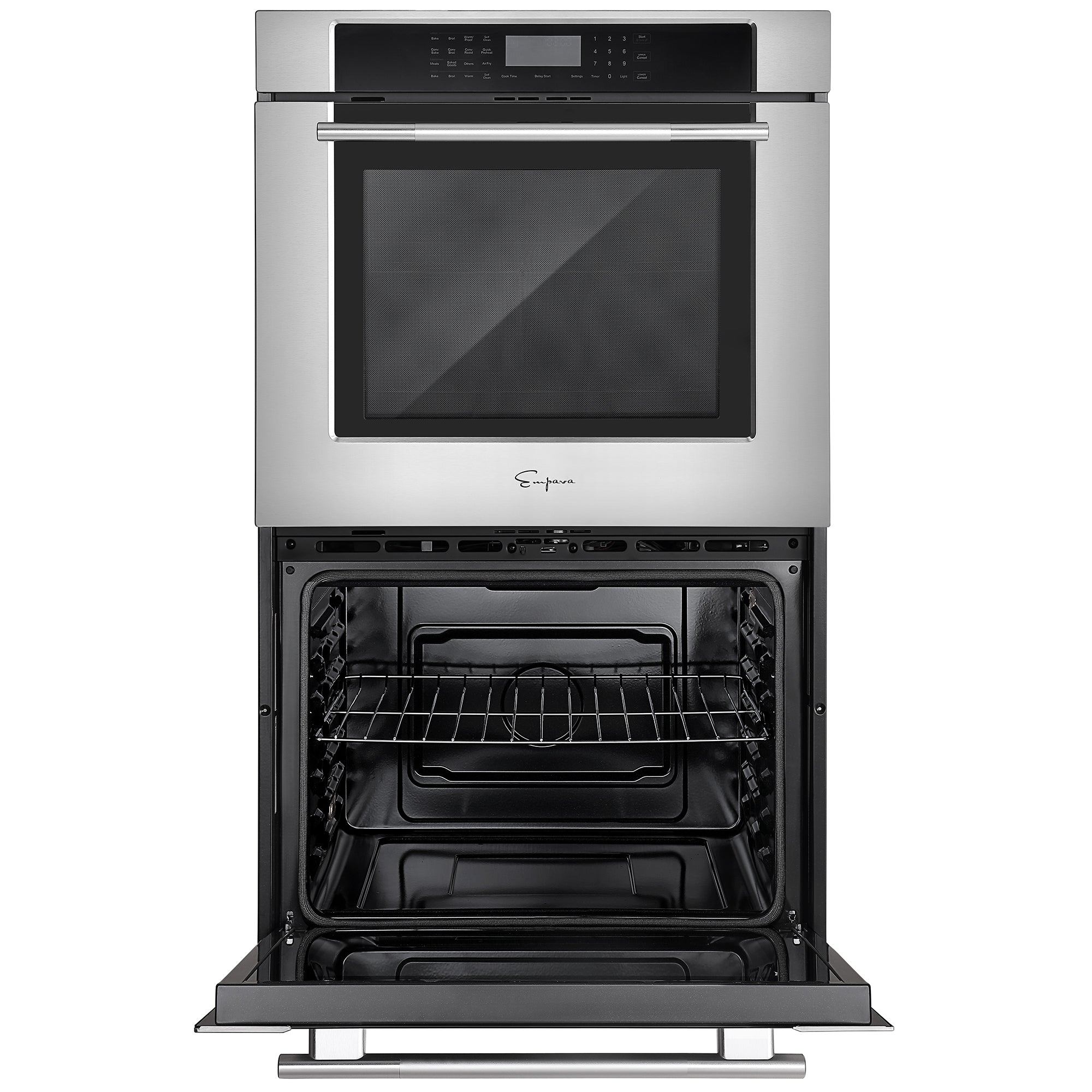 The Empava 30" Electric Double Wall Oven is a stainless steel, built-in oven featuring a digital control panel at the top. The open oven door showcases the interior with a single rack and dual zones for cooking versatility. The oven boasts a sleek, modern design and appears clean and empty.