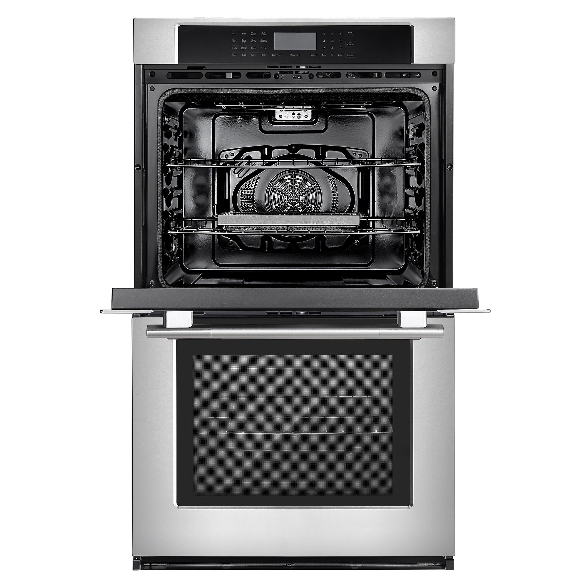 The Empava 30" Electric Double Wall Oven is showcased with its stainless steel door open, revealing the interior racks. The sleek control panel above the oven door features a digital display and various buttons for settings and controls, highlighting its modern design. This oven also boasts dual zones for enhanced cooking versatility.