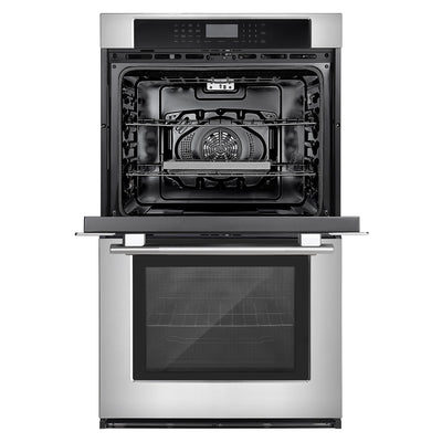 The Empava 30" Electric Double Wall Oven is showcased with its stainless steel door open, revealing the interior racks. The sleek control panel above the oven door features a digital display and various buttons for settings and controls, highlighting its modern design. This oven also boasts dual zones for enhanced cooking versatility.