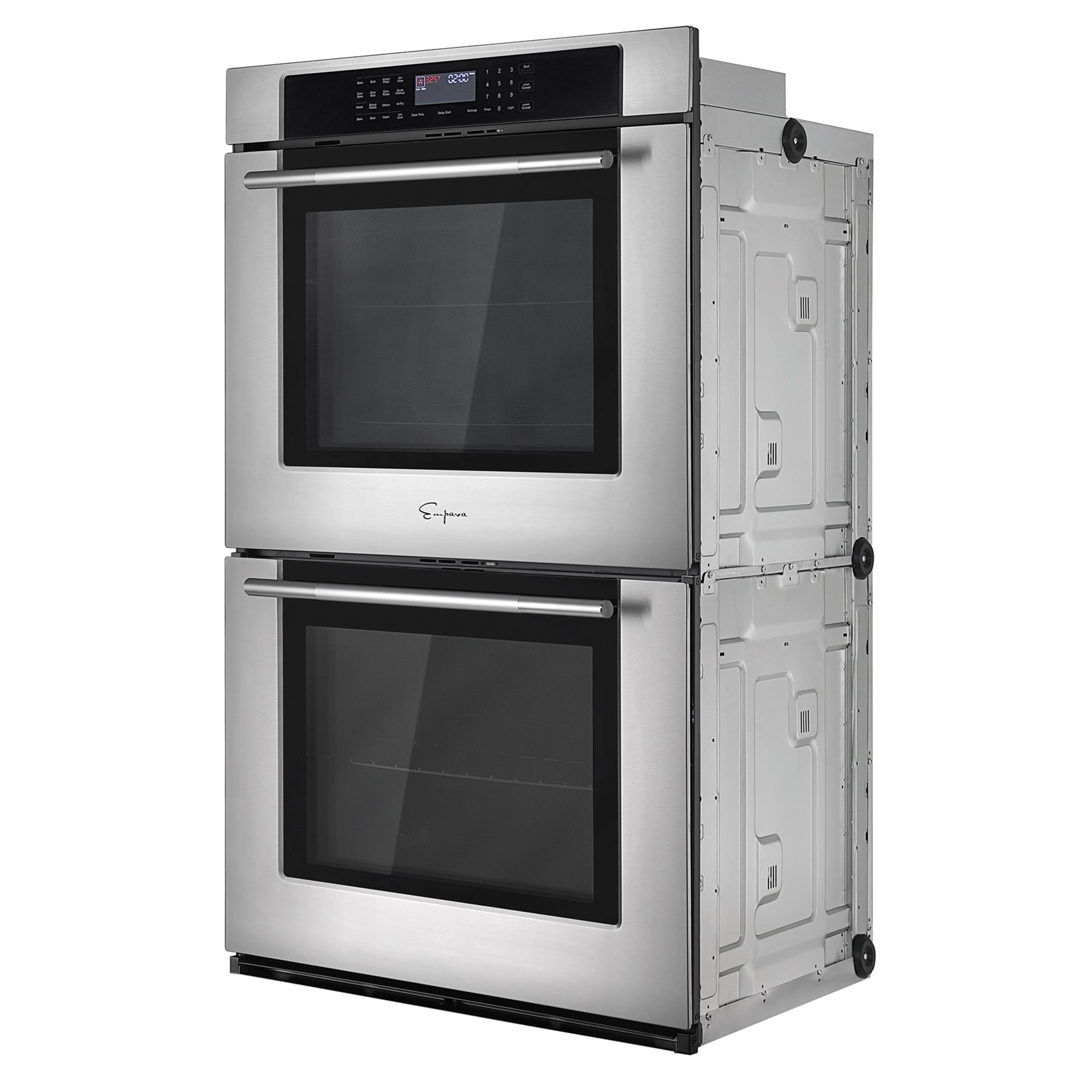 The Empava 30" Electric Double Wall Oven boasts a modern design with stainless steel construction and black-tinted glass doors. It features digital controls, a clear display panel on the top unit, dual zones for optimized cooking, and identical handles on both the upper and lower doors. Additionally, it offers a convenient "Keep food warm" function.