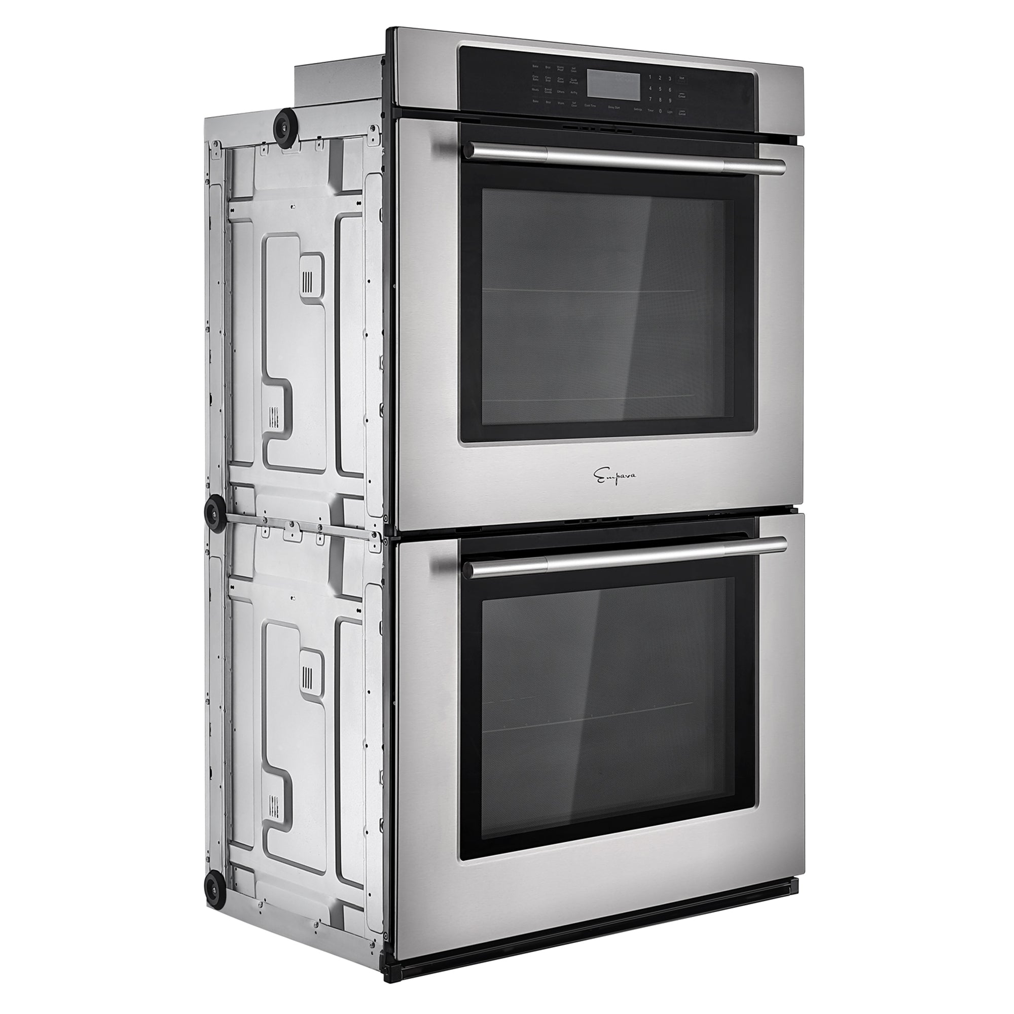 The Empava 30" Electric Double Wall Oven features sleek, black-tinted glass doors with minimalistic handles. The digital control panel is positioned above the top oven, allowing for easy access. This oven offers dual zones for versatile cooking and includes an air frying option to keep food warm and crispy. The side and rear panels are visible, revealing the appliance's unfinished edges and components.