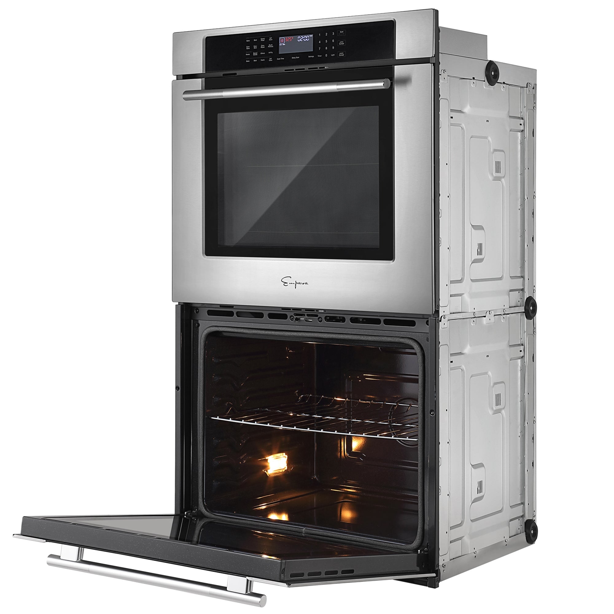 The Empava 30" Electric Double Wall Oven with a stainless steel finish and digital control panel is shown. The top oven door is closed, while the bottom oven door is open, revealing the interior with oven racks and an illuminated light. Featuring dual zones, this appliance ensures precise cooking and can easily keep food warm.