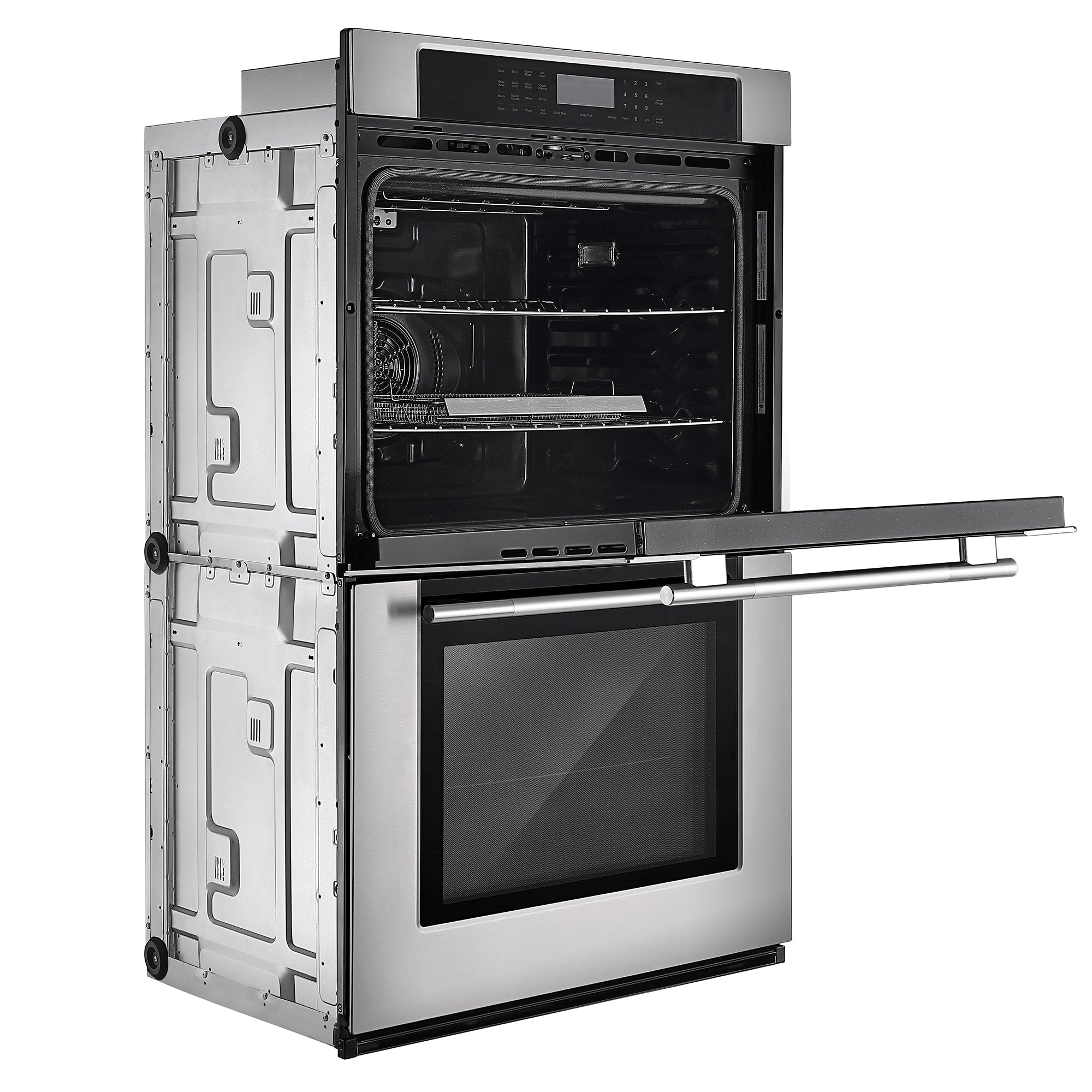 The Empava 30" Electric Double Wall Oven is displayed, with its upper oven door open to reveal the interior racks. The lower oven door stays closed. This oven boasts dual zones for efficient cooking and a digital control panel at the top, all encased in a sleek, modern design.