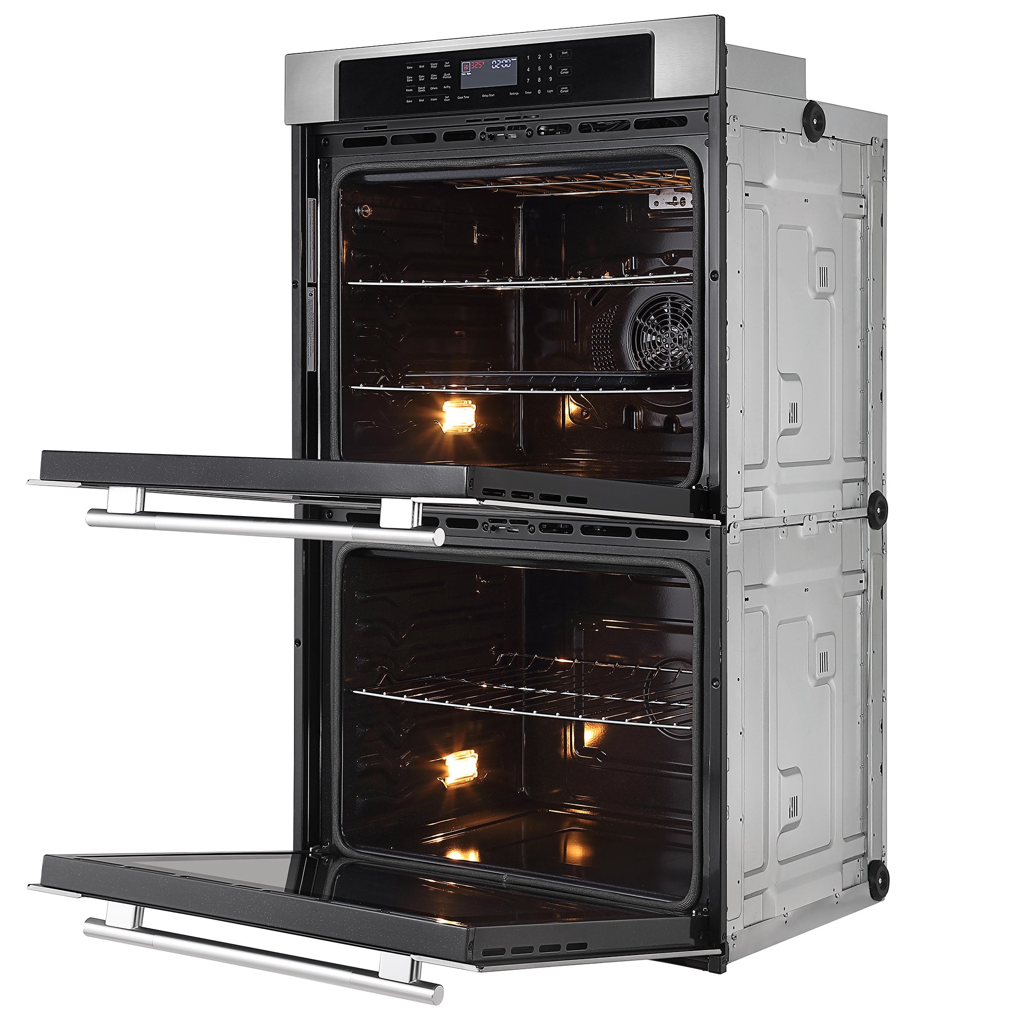 The Empava 30" Electric Double Wall Oven is shown with both doors open, revealing the interior equipped with three racks in the upper oven and two racks in the lower oven. The ovens are brightly lit inside, and the control panel at the top of the appliance is also illuminated. Featuring a sleek silver and black exterior, this double wall oven offers dual zones for efficient cooking.