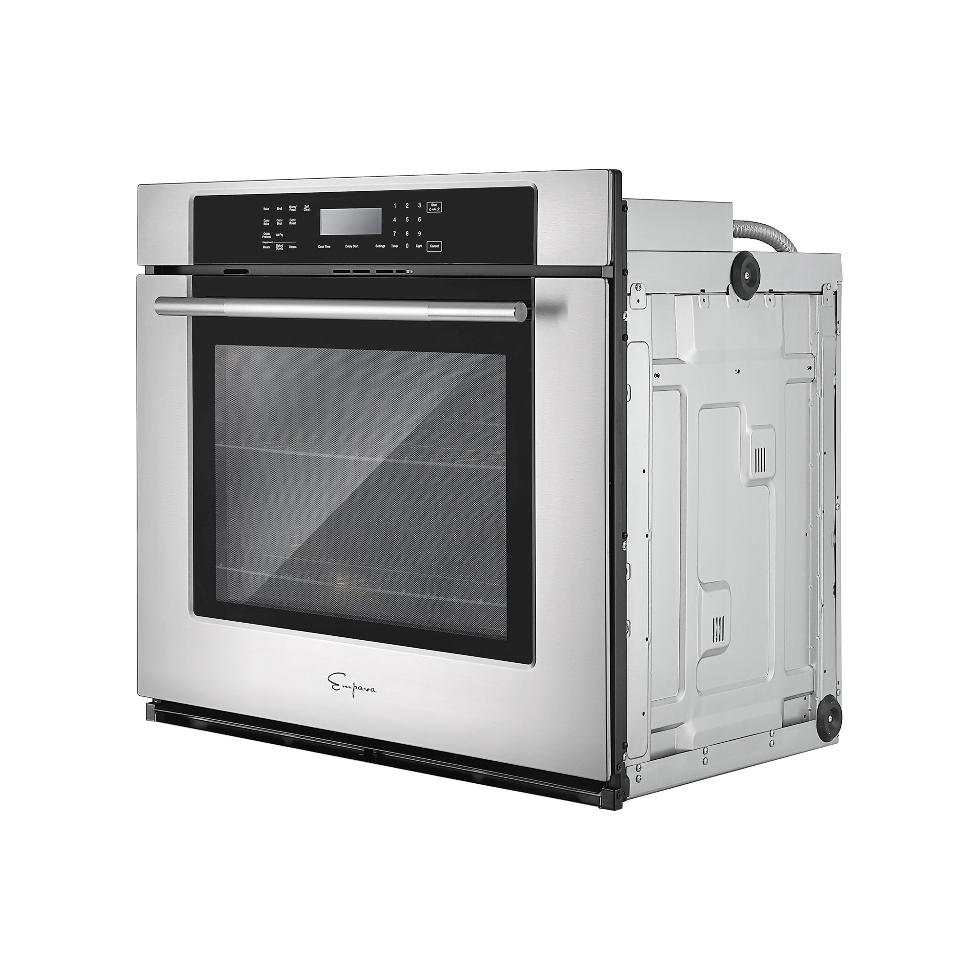 The Empava 30" Electric Single Wall Oven features a stainless steel design, a digital control panel with multiple buttons, a display screen, and a circular knob. The oven's 4-layer glass door is visible from a three-quarter angle, revealing its side and semi-open back with electrical connections.