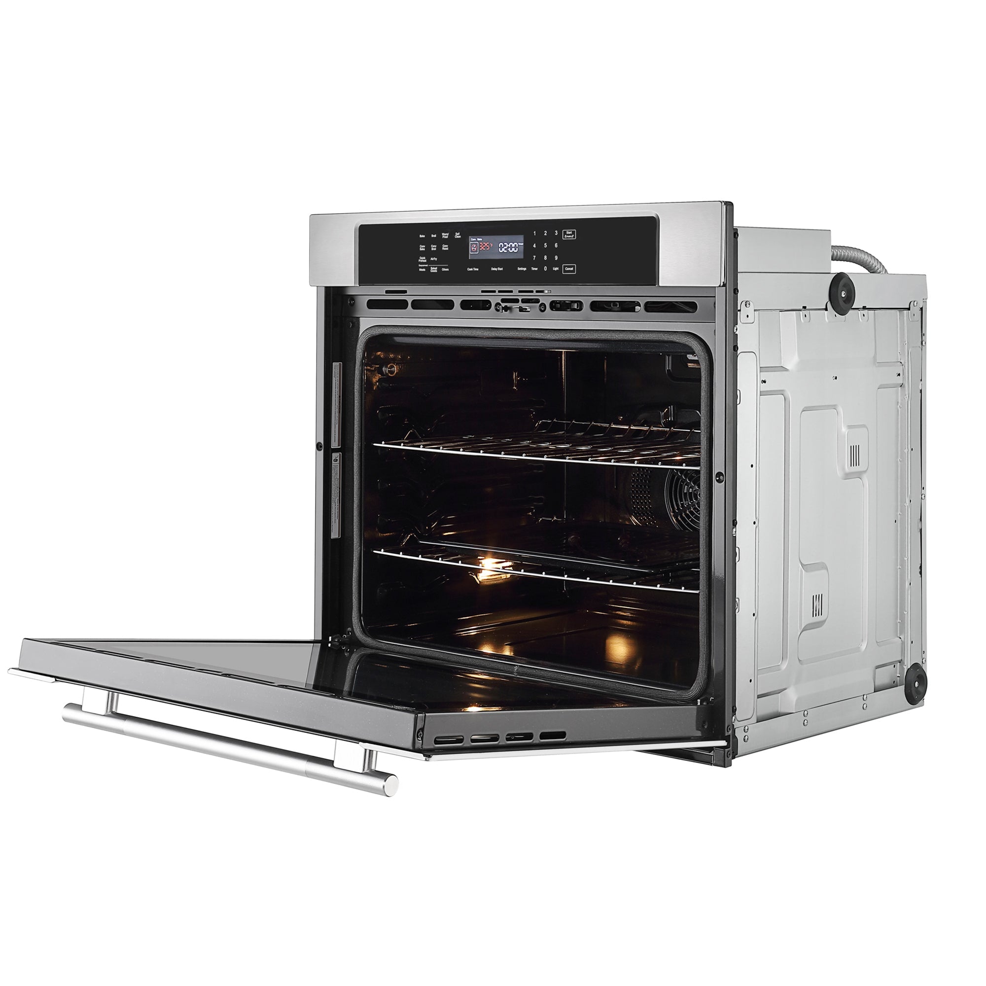 The Empava 30" Electric Single Wall Oven is displayed with its stainless steel door open, revealing a 4-layer glass door. The black interior contains two racks and is illuminated by an interior light. The door has a sleek handle, and the oven includes a digital control panel along with an innovative air frying function.