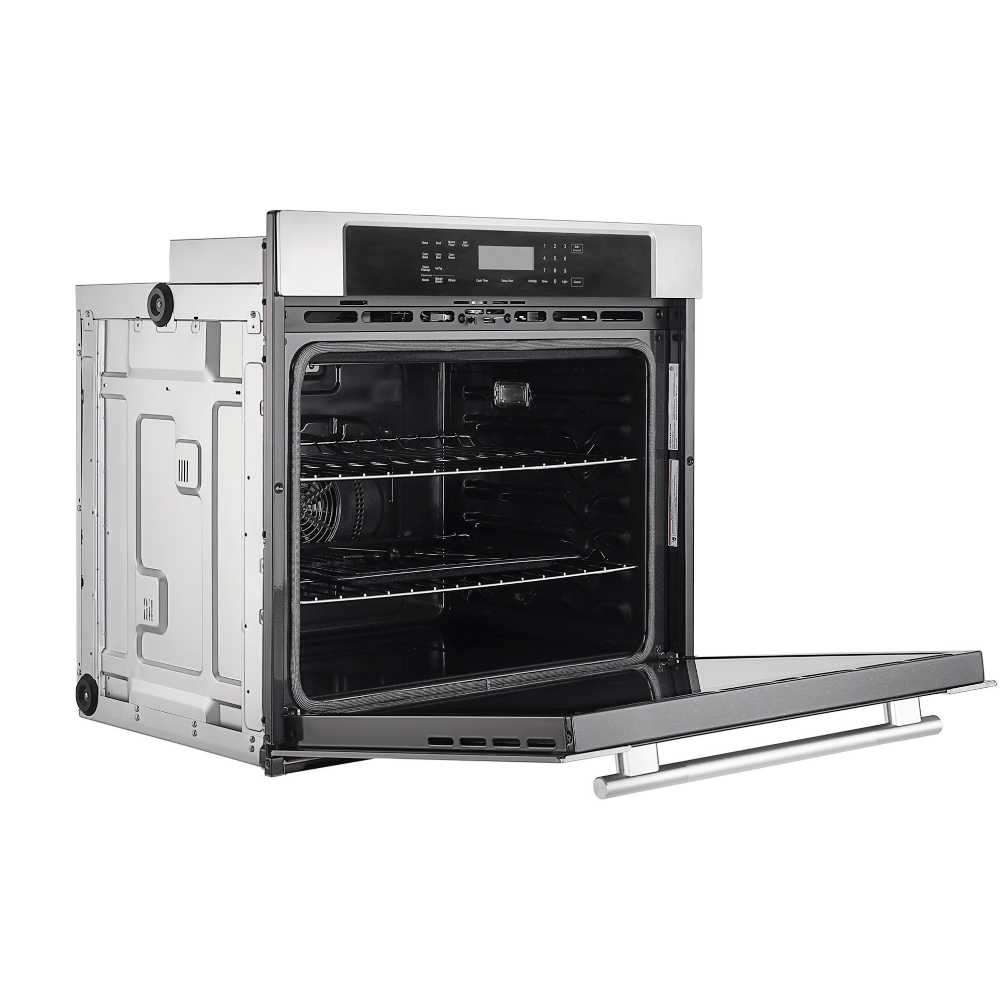 Image of the Empava 30" Electric Single Wall Oven with its door open, highlighting a modern, sleek stainless steel design. The oven features two wire racks, a control panel with various buttons, and a display screen at the top. Notably, it comes equipped with an innovative air frying function and steam self-clean for added convenience.