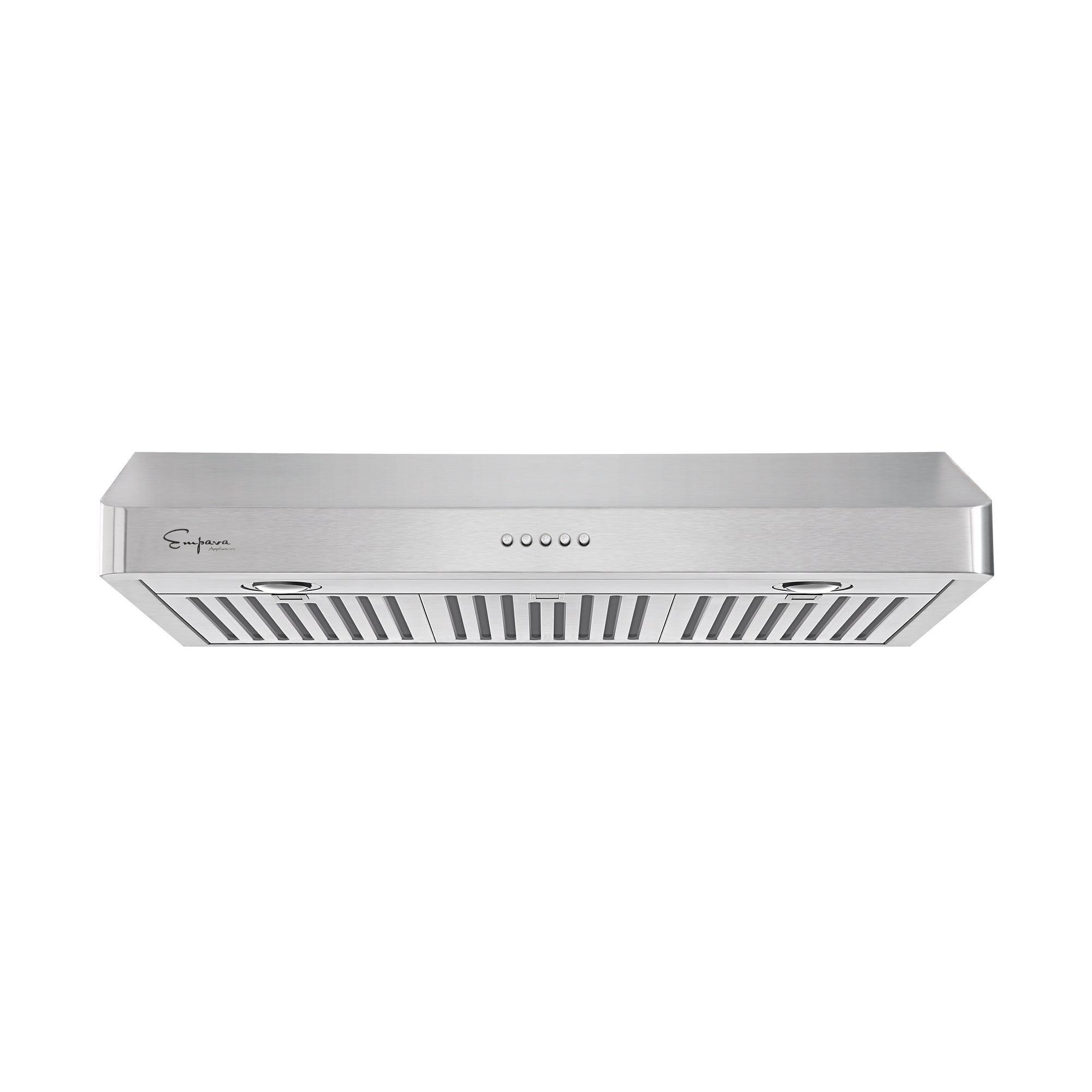 The Empava 30 In. 500 CFM Ducted Under Cabinet Range Hood is a sleek stainless steel appliance featuring centrally located control buttons, two ventilation panels with slats, and built-in lights on both sides. The brand logo is prominently displayed on the left side, and the design is modern and minimalist.