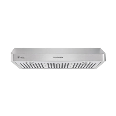 The Empava 30 In. 500 CFM Ducted Under Cabinet Range Hood is a sleek stainless steel appliance featuring centrally located control buttons, two ventilation panels with slats, and built-in lights on both sides. The brand logo is prominently displayed on the left side, and the design is modern and minimalist.