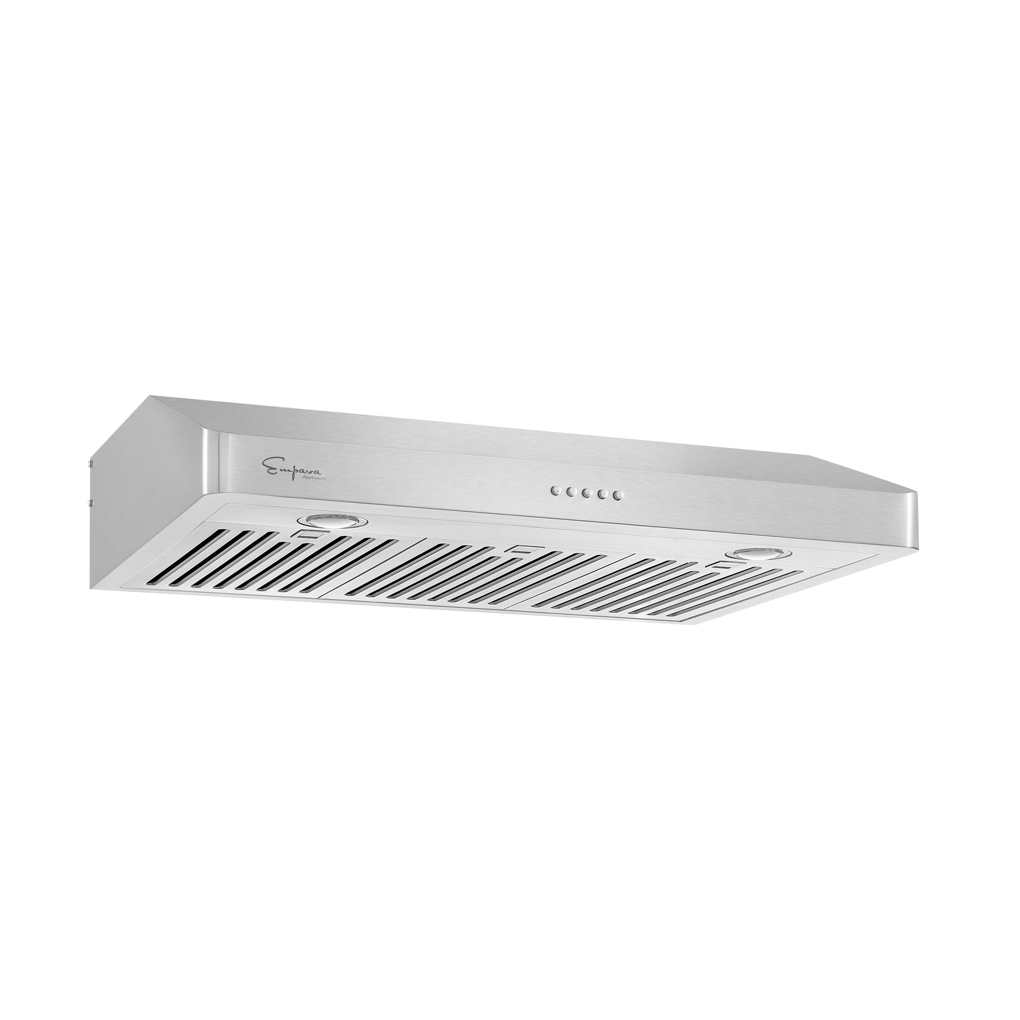 The Empava 30 In. 500 CFM Ducted Under Cabinet Range Hood, made from stainless steel, boasts a brushed finish, with control buttons conveniently located on the front and two circular lights positioned on the underside. The visible filter panels are specifically designed to capture grease and other particles during cooking.