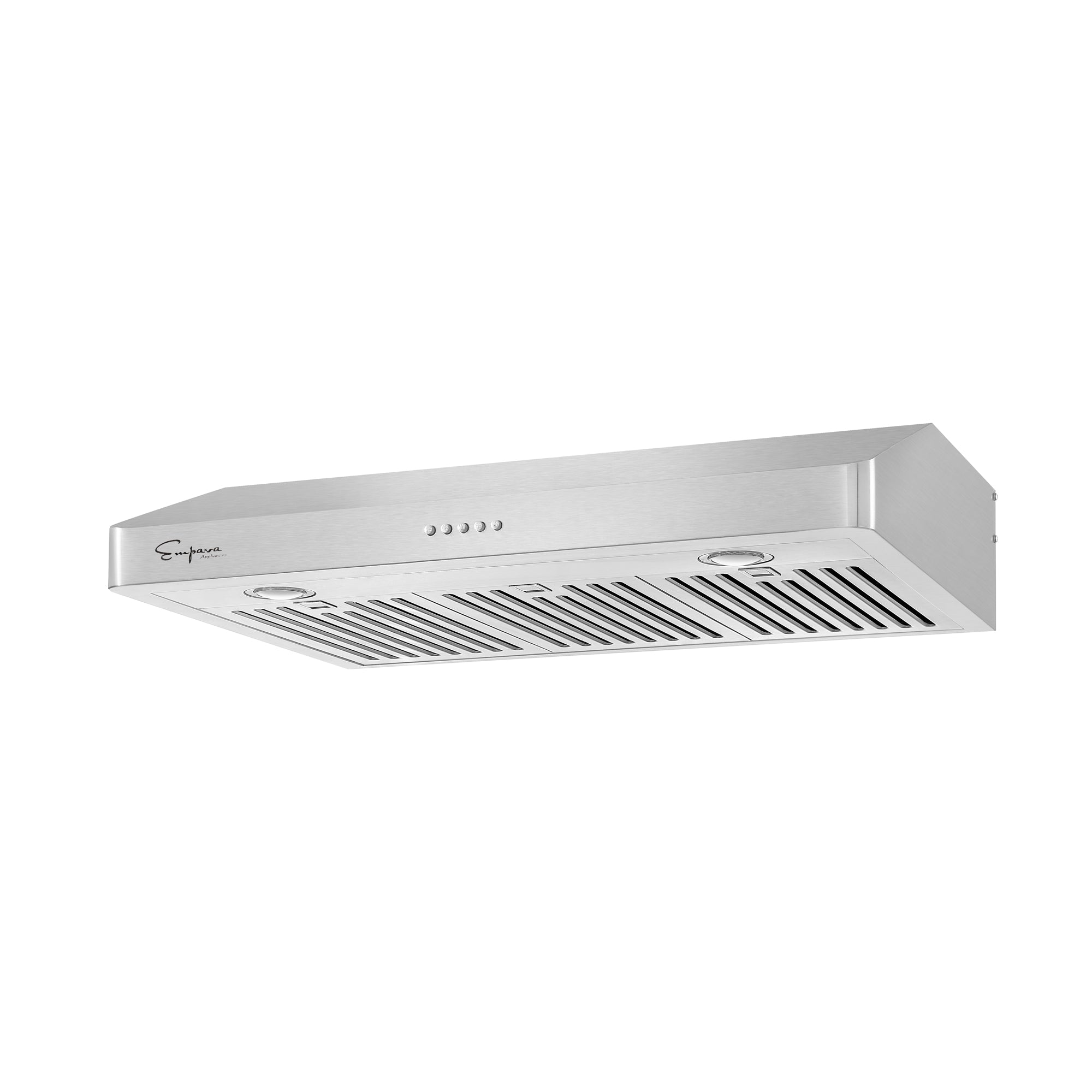 The Empava 30 In. 500 CFM Ducted Under Cabinet Range Hood boasts a stainless steel construction with a modern, clean, angled design. It features convenient control buttons on the front panel and vent slats on the underside for efficient air filtration. The distinctive Empava appliances logo is prominently displayed on the left side, all set against a plain white backdrop.