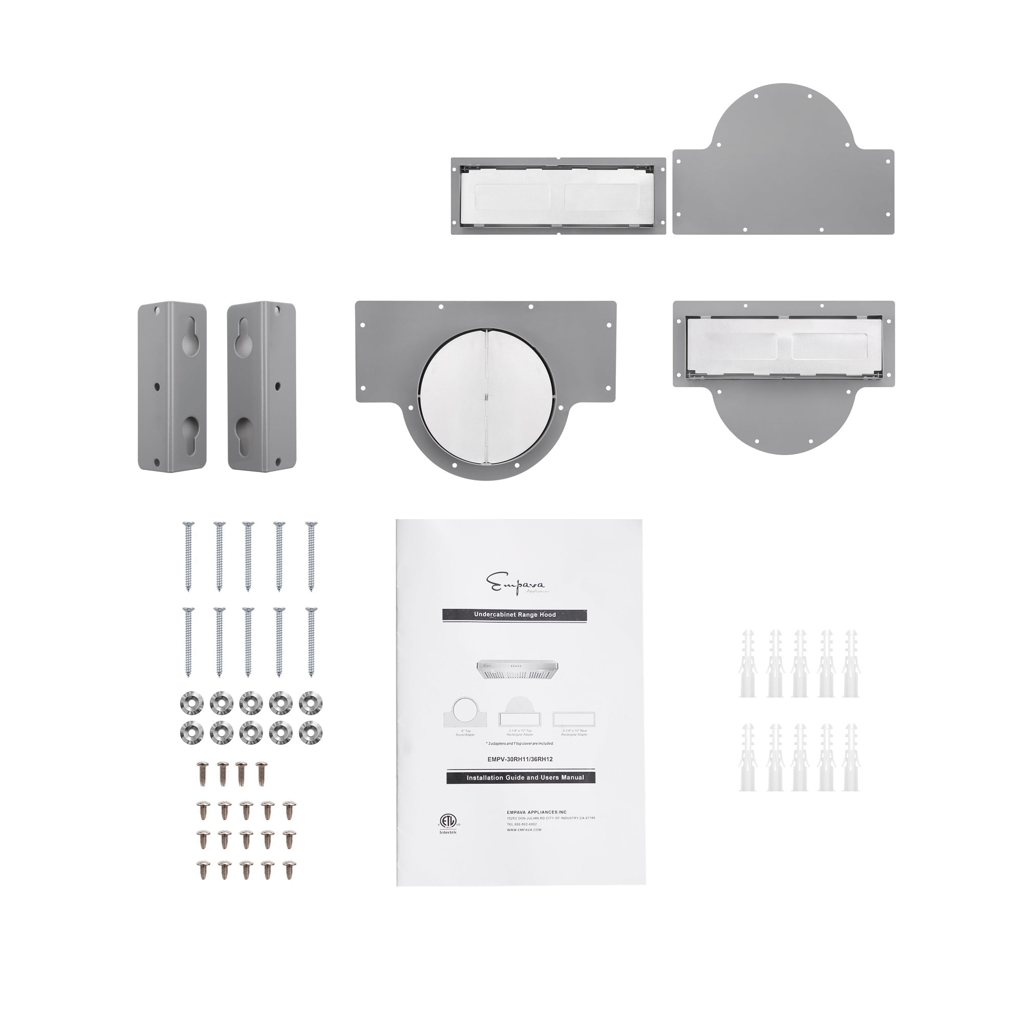 An image of a ceiling fan mounting kit alongside an Empava 30 In. 500 CFM Ducted Under Cabinet Range Hood features multiple components, including metallic brackets, screws, washers, anchors, and an instruction manual laid out systematically on a white background. The items are organized in a neat and orderly fashion.