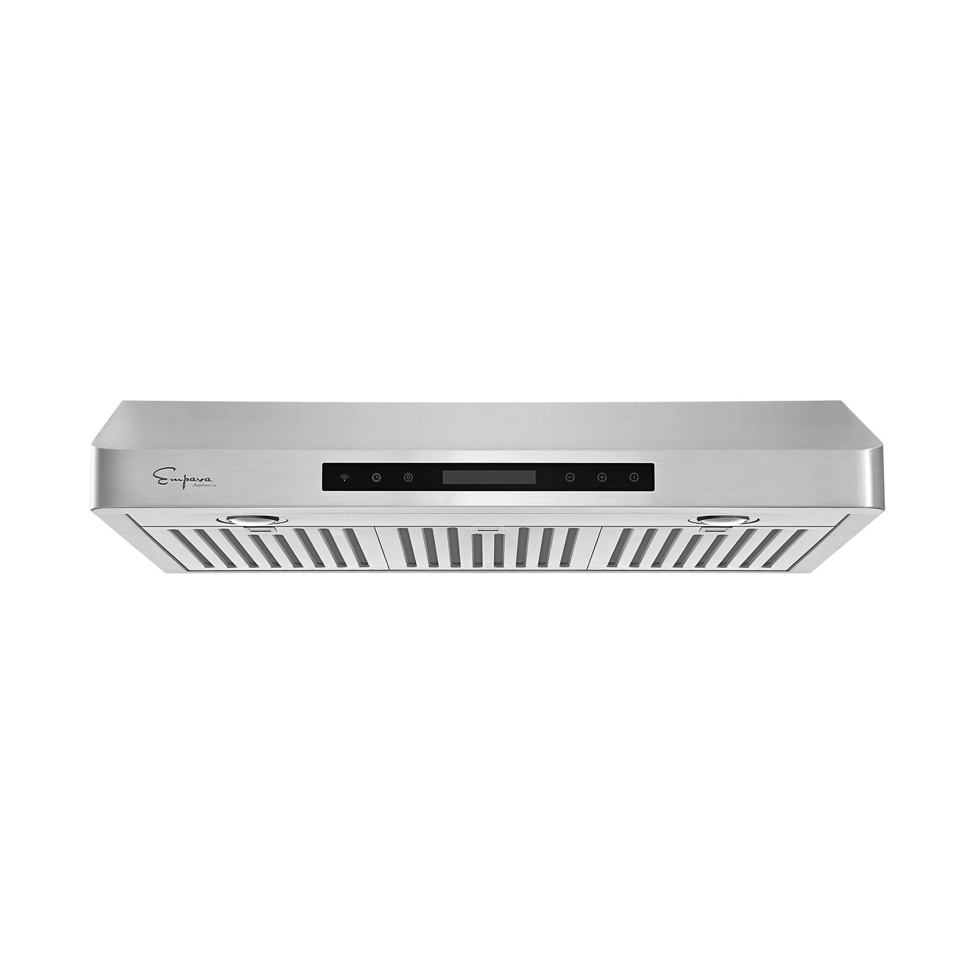 The Empava 30 In. 500 CFM Ducted Under Cabinet Range Hood boasts a sleek, modern stainless steel design with a digital control panel centrally located. It features vent grates on the bottom and includes two built-in lights for effective illumination.