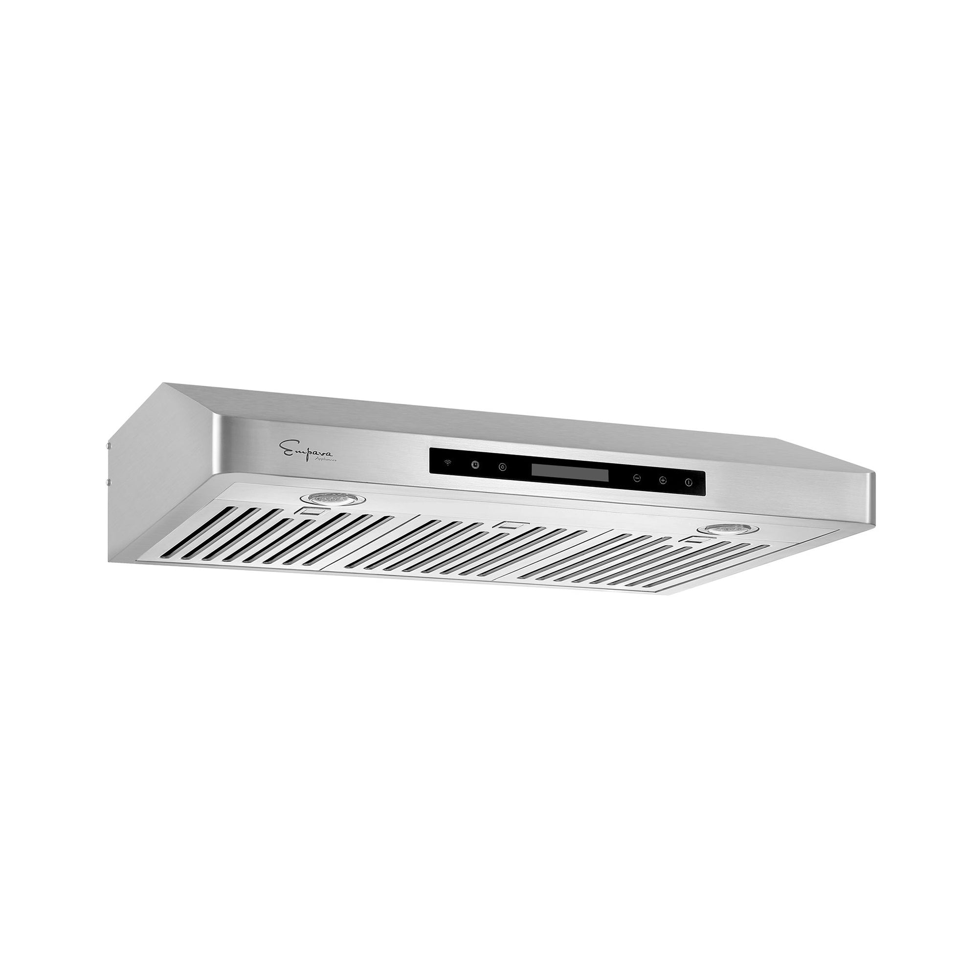 The Empava 30 In. 500 CFM Ducted Under Cabinet Range Hood is a modern stainless steel range hood with a sleek design. It features a centered control panel on the front, flanked by two LED lights on either side. The bottom includes vent slats for efficient airflow and filtration.