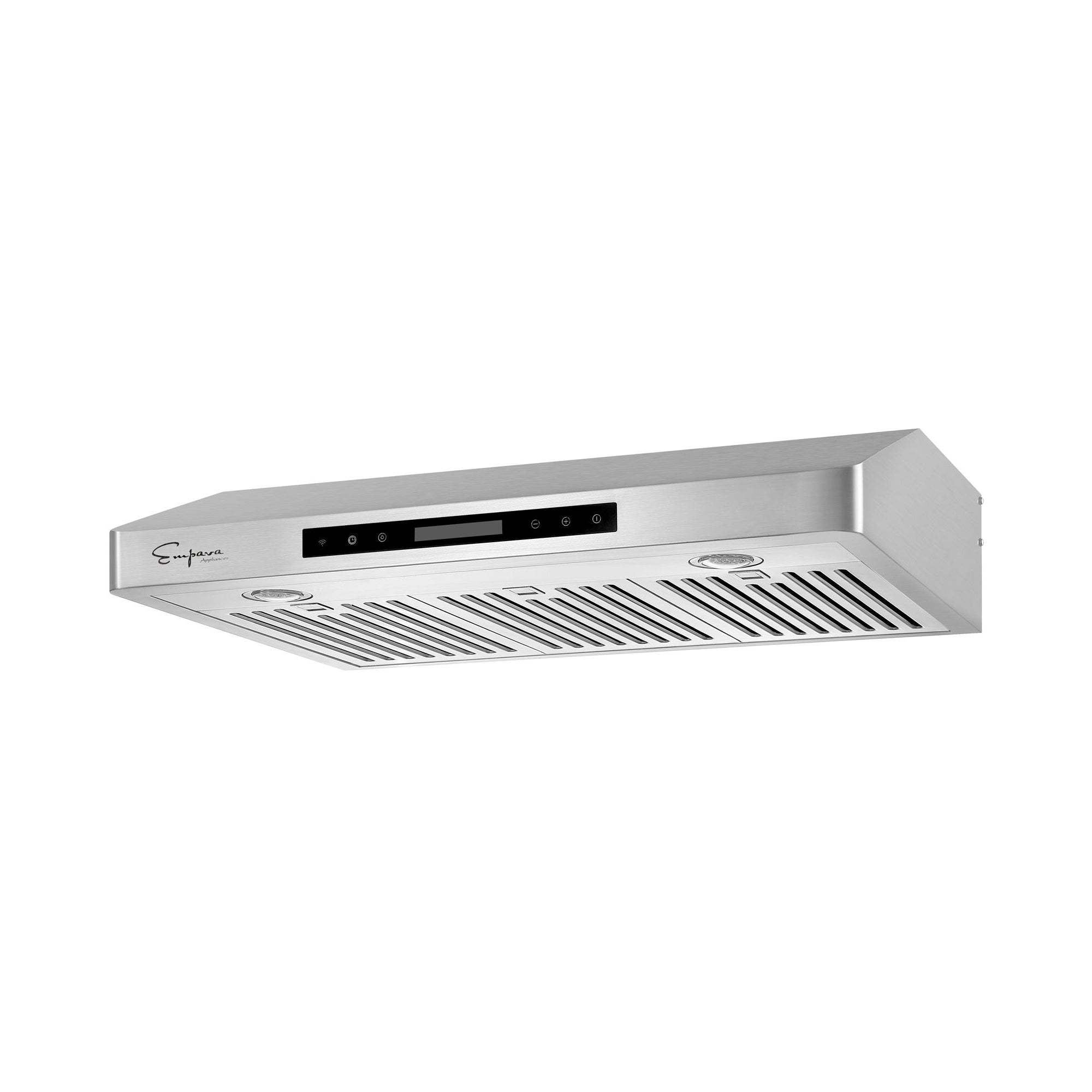 The Empava 30 In. 500 CFM Ducted Under Cabinet Range Hood is an elegant stainless steel appliance with a rectangular form. Designed by Empava appliances, it boasts a digital control panel on the front adorned with multiple buttons and displays the logo on the left side. The underside is equipped with two circular LED lights and several metallic filters for effective ventilation.