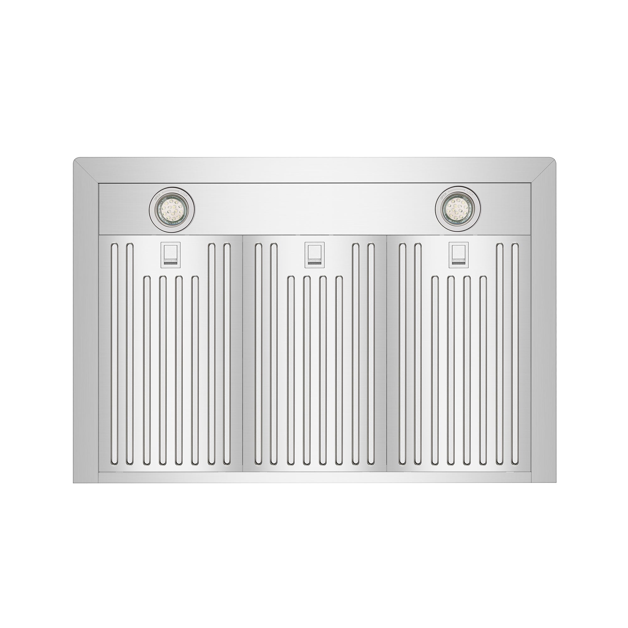 The Empava 30 In. 500 CFM Ducted Under Cabinet Range Hood features a rectangular stainless steel filter with three vertical panels showcasing slatted designs. Each panel has a small square button at the top center, and two round lights are positioned at the top left and right corners, all set against a white background.