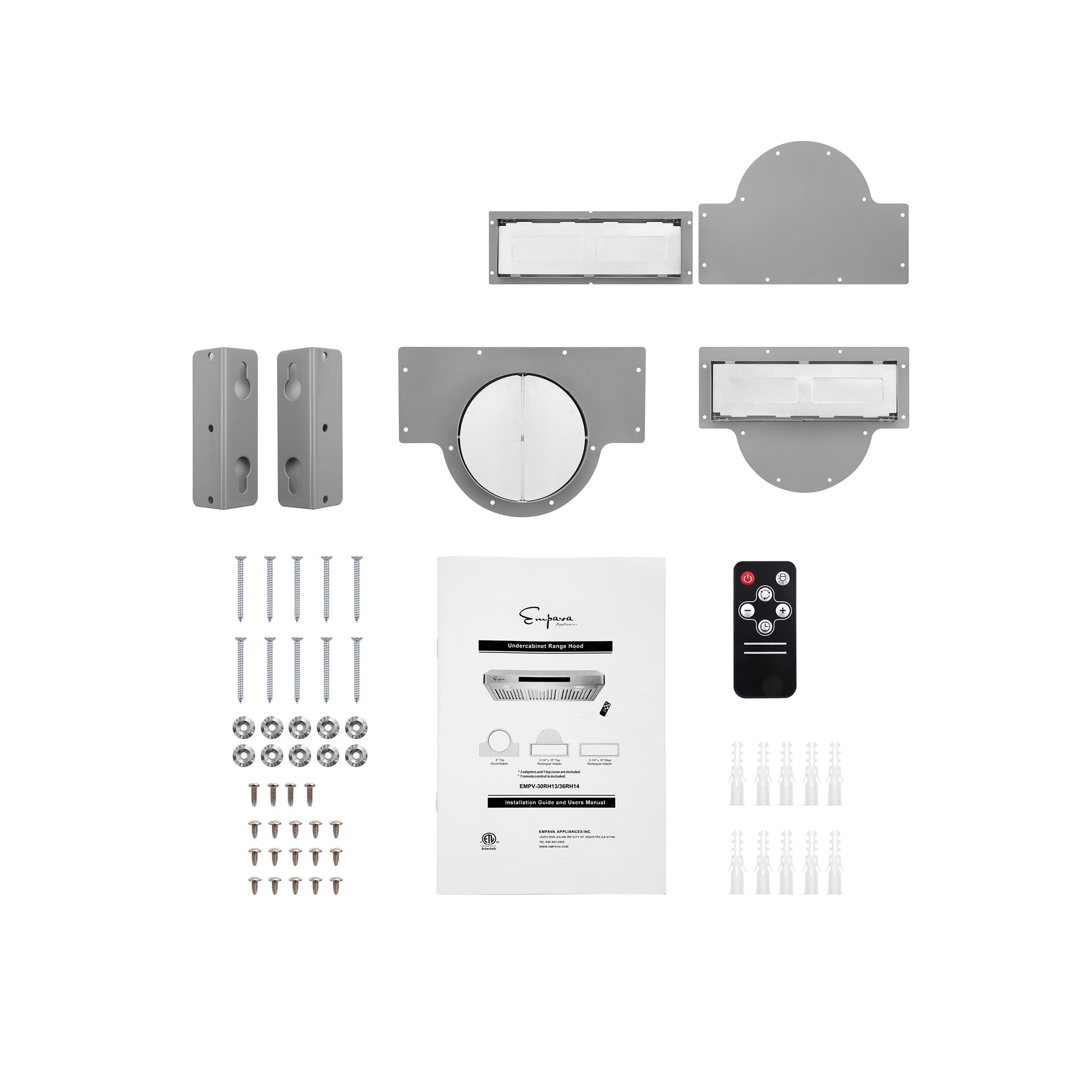 Components of an Empava 30 In. 500 CFM Ducted Under Cabinet Range Hood laid out on a white background. The kit includes brackets, screws, washers, spacers, wall mounts, a user manual, a remote control, and other various hardware needed for installation.