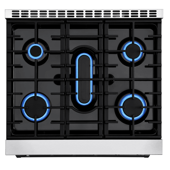 Top view of the Empava 30 In. Pro-Style Slide-in Single Oven Gas Range with five burners. Four circular burners are positioned at the corners, and an elongated burner is centered. All burners are lit with blue flames, and the stove features black grates arranged in a grid pattern.