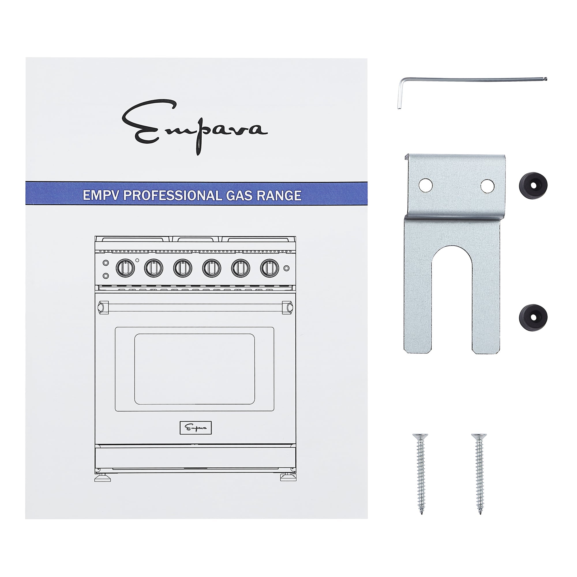 Here is an alternative version of the sentence using the given product data:

Instruction manual for an Empava 30 In. Pro-Style Slide-in Single Oven Gas Range next to mounting hardware, including a bracket, screws, two rubber pads, and an L-shaped hex key—all essential elements for installing your Empava appliance with ease.