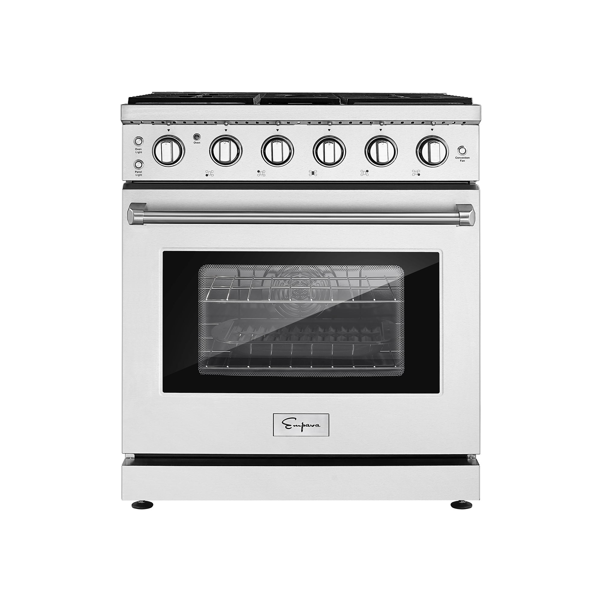 The Empava 30 In. Pro-Style Slide-in Single Oven Gas Range by Empava Appliances features five control knobs on the front. The appliance includes a large viewing window on the oven door and a sleek handle. The cooktop is equipped with grates for pots and pans, appearing brand new against a crisp white background.