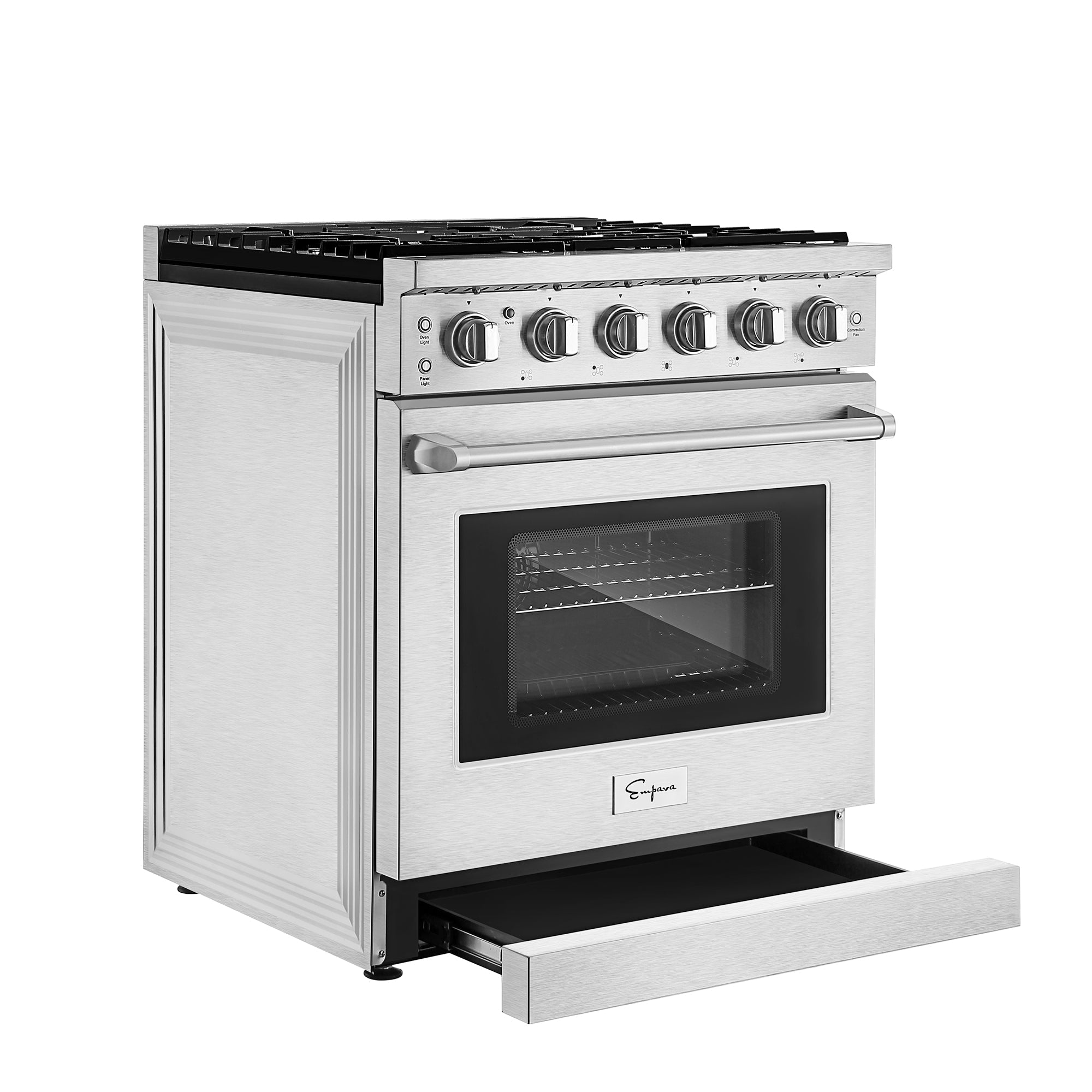 The Empava 30 In. Pro-Style Slide-in Single Oven Gas Range is a stainless steel appliance that features a black stovetop with six control knobs on the front panel. The oven is equipped with a clear glass door and handle, and includes a pull-out drawer at the bottom for additional storage.