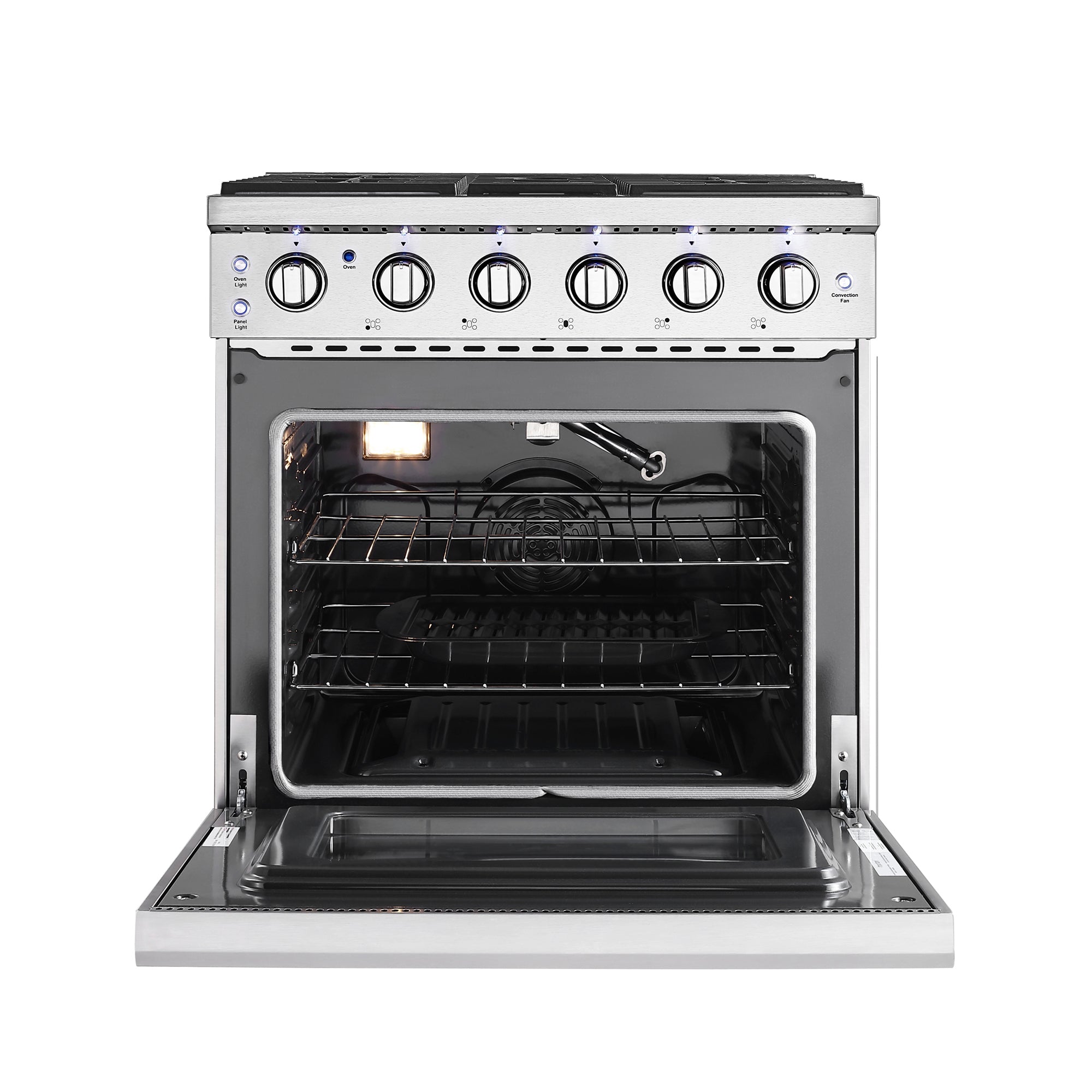 The Empava 30 In. Pro-Style Slide-in Single Oven Gas Range showcases its modern stainless steel build with the door open, revealing a spacious interior and multiple racks. The oven is equipped with five control knobs on the front panel, each highlighted by blue LED indicators. Its sleek, contemporary design adds a touch of elegance to any kitchen.