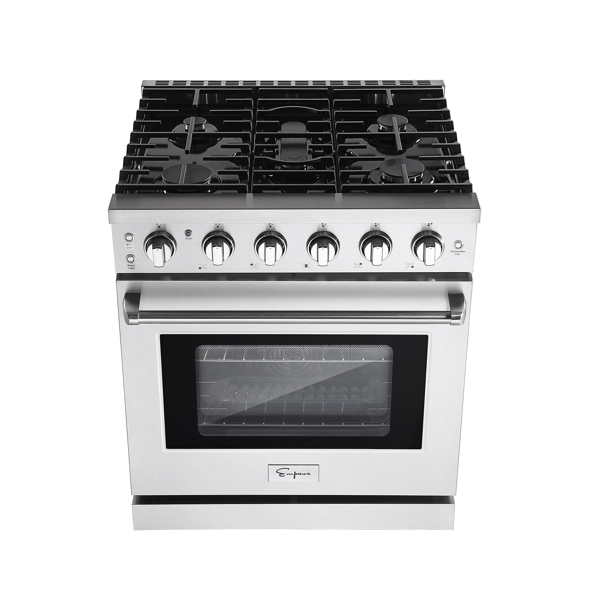 Introducing the Empava 30 In. Pro-Style Slide-in Single Oven Gas Range: a stainless steel appliance featuring five burners with black grates. It comes equipped with six control knobs on the front panel. Beneath the burners, there is a spacious oven with a glass door that reveals an interior rack. The brand logo is prominently displayed at the bottom center of the door.