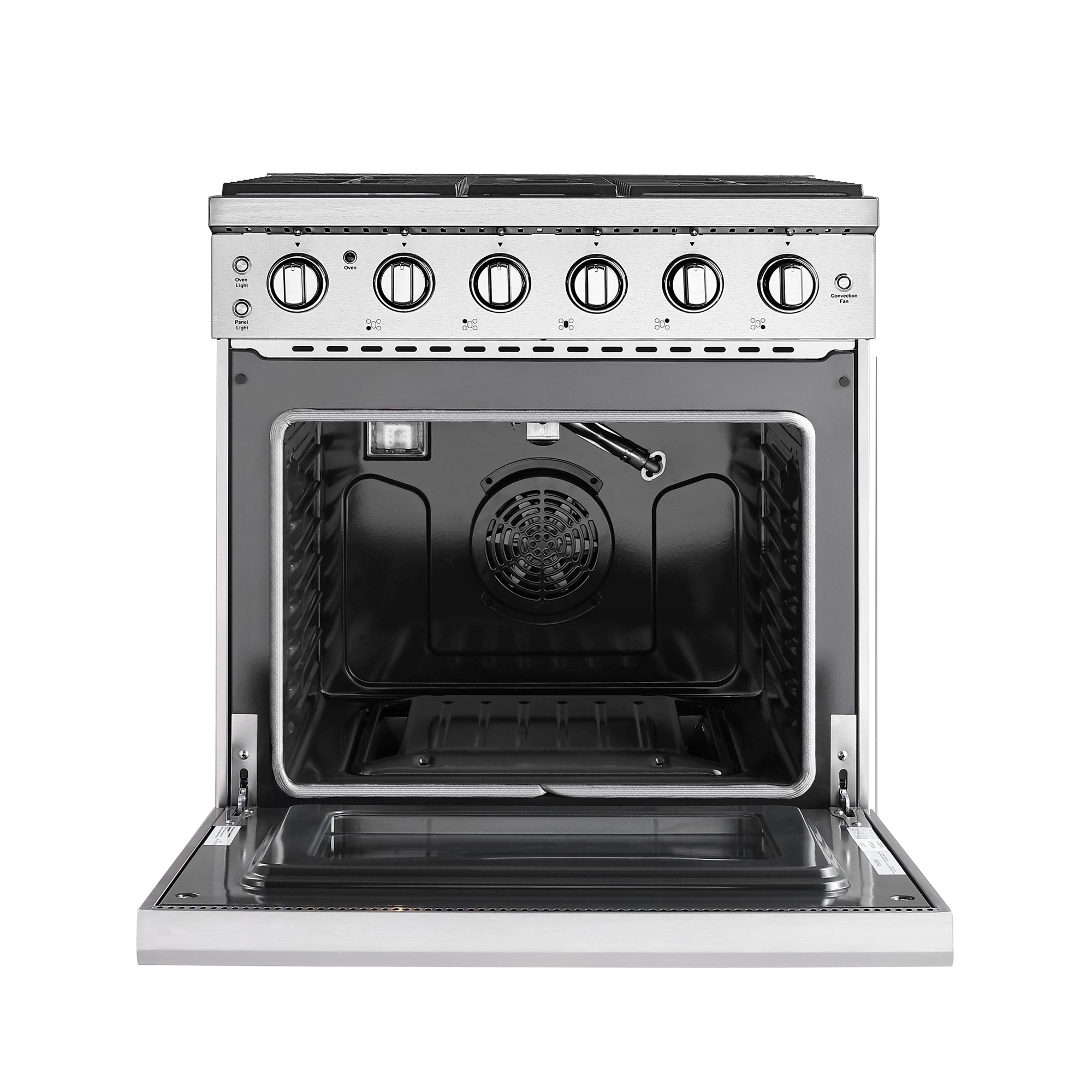 Image of the Empava 30 In. Pro-Style Slide-in Single Oven Gas Range, with its front door open. The oven features five control knobs on the top panel, and the interior is equipped with heating elements and a fan at the back, along with racks for cooking trays. The open door reveals its spacious cavity.
