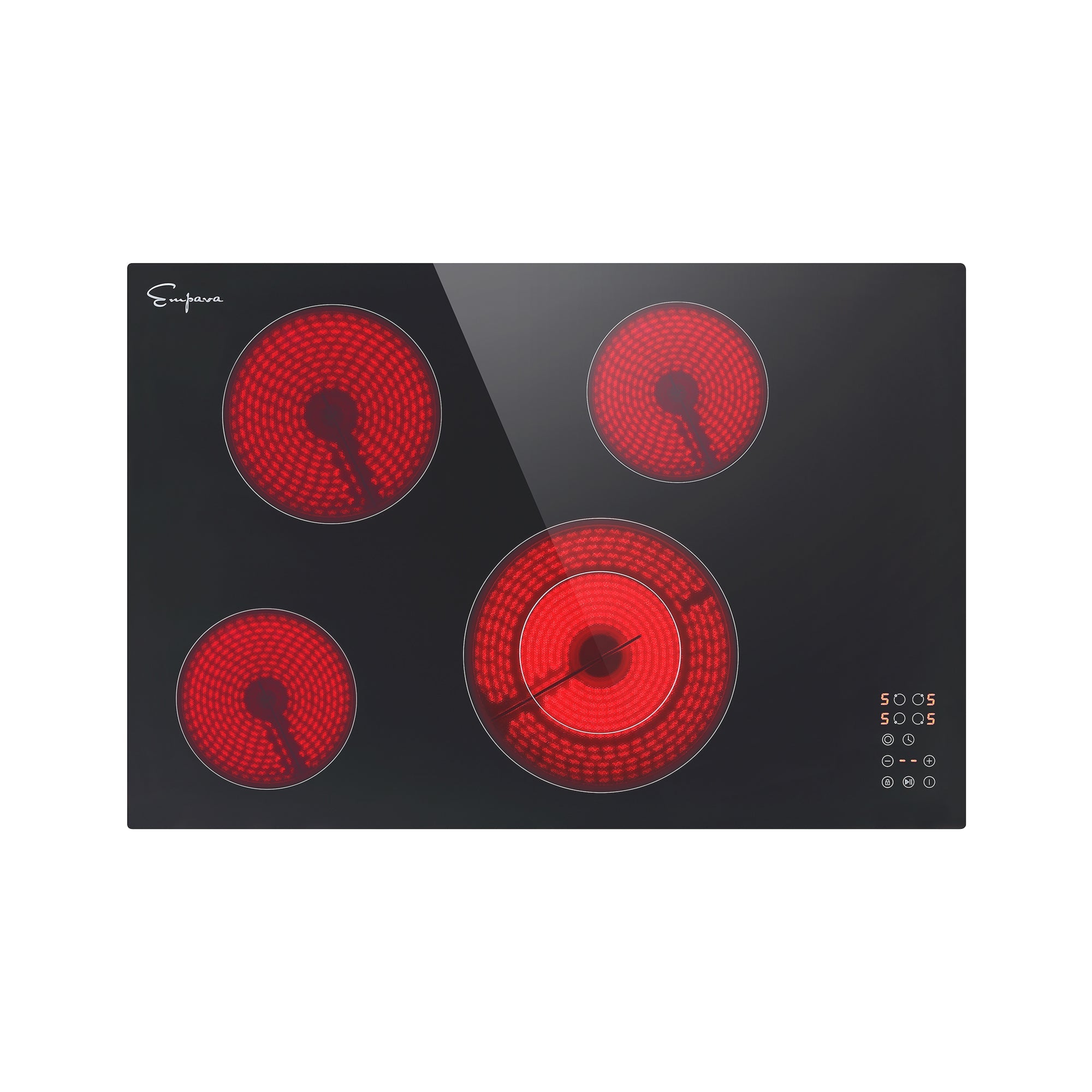 The Empava 30 Inch Black Electric Radiant Cooktop from Empava appliances features four glowing red heating zones. One large central burner is surrounded by three smaller burners, and touch control buttons on the bottom right corner allow for easy temperature and power level adjustments.