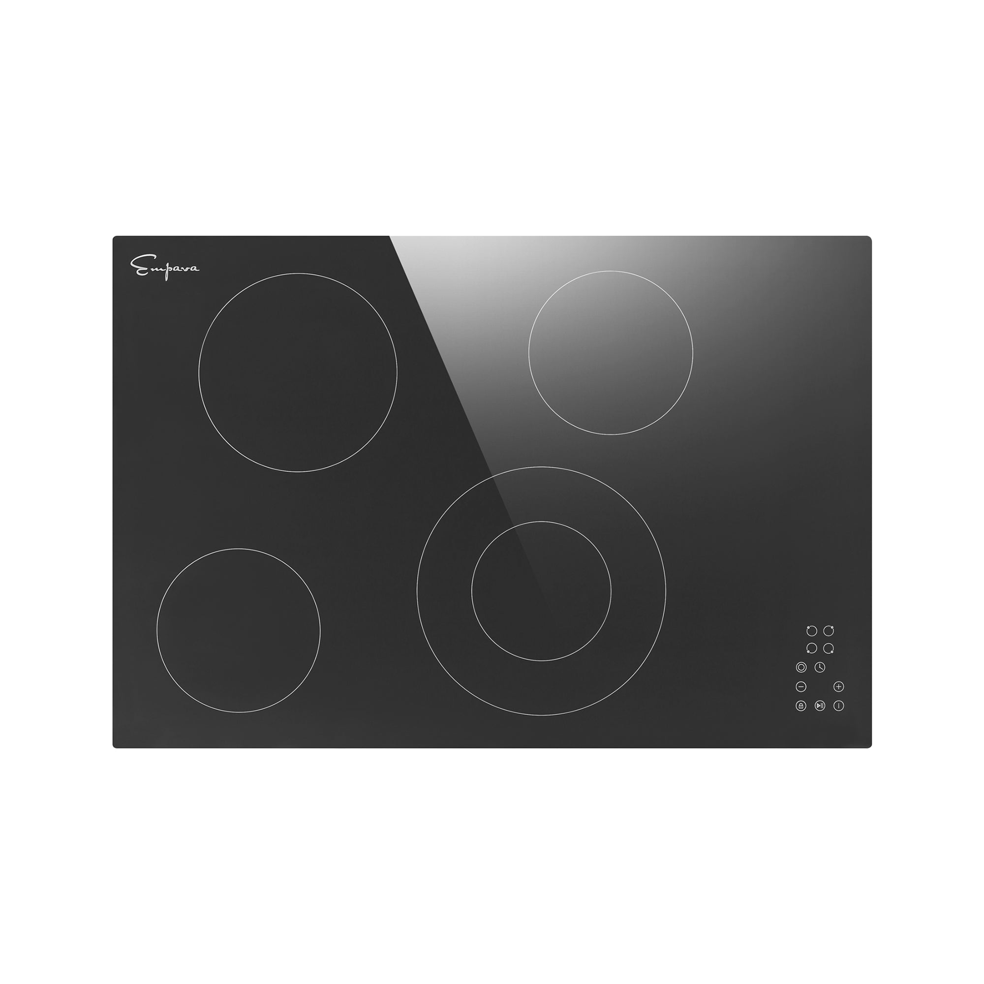 The Empava 30 Inch Black Electric Radiant Cooktop showcases a sleek design with four burners of varying sizes arranged in a rectangular configuration. Located at the bottom right corner, you'll find a touch control panel equipped with various buttons. The cooktop surface has a glossy finish that enhances its modern aesthetic.