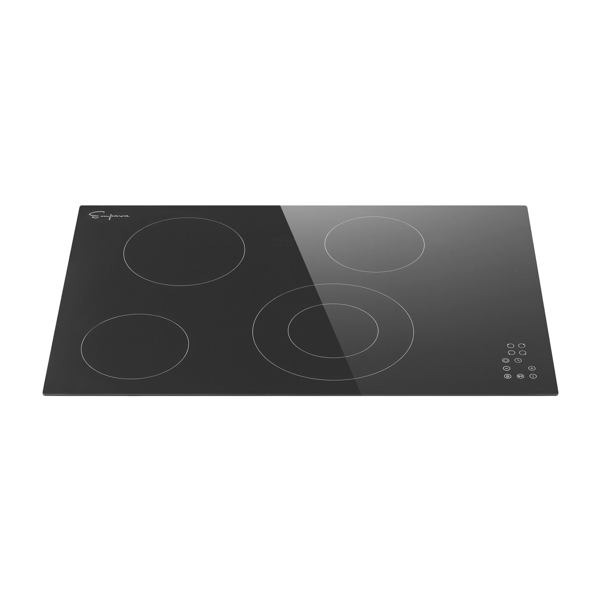 The Empava 30 Inch Black Electric Radiant Cooktop boasts a sleek glass-ceramic surface with four circular heating zones of varying sizes. It features a touch control panel with multiple buttons in the bottom right corner and prominently displays the Empava Appliances logo in the top left corner.