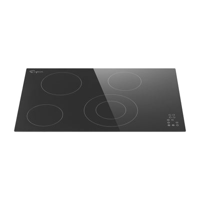 The Empava 30 Inch Black Electric Radiant Cooktop boasts a sleek glass-ceramic surface with four circular heating zones of varying sizes. It features a touch control panel with multiple buttons in the bottom right corner and prominently displays the Empava Appliances logo in the top left corner.