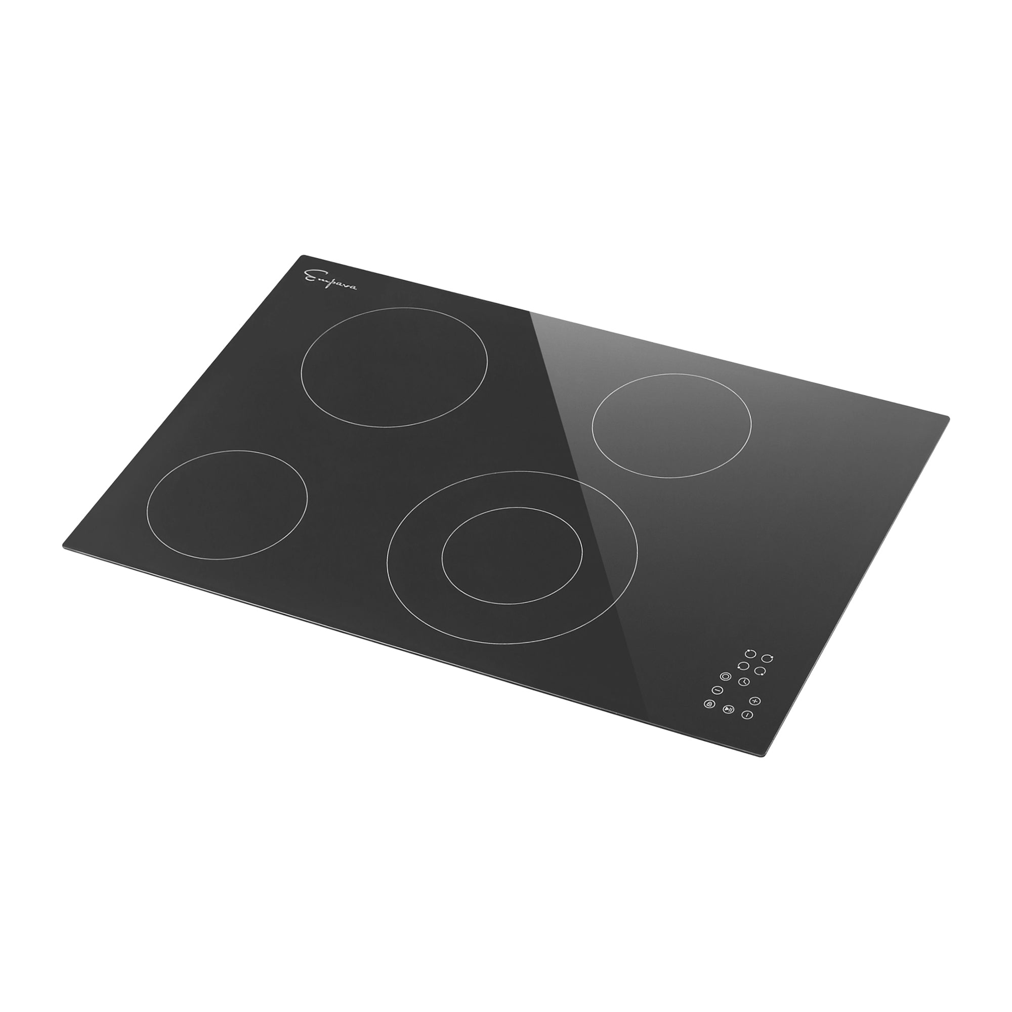 The Empava 30 Inch Black Electric Radiant Cooktop boasts a sleek black design with four differently-sized burners arranged in a rectangular layout. Its touch control panel, equipped with various function buttons, is conveniently located in the bottom right corner of the cooktop.