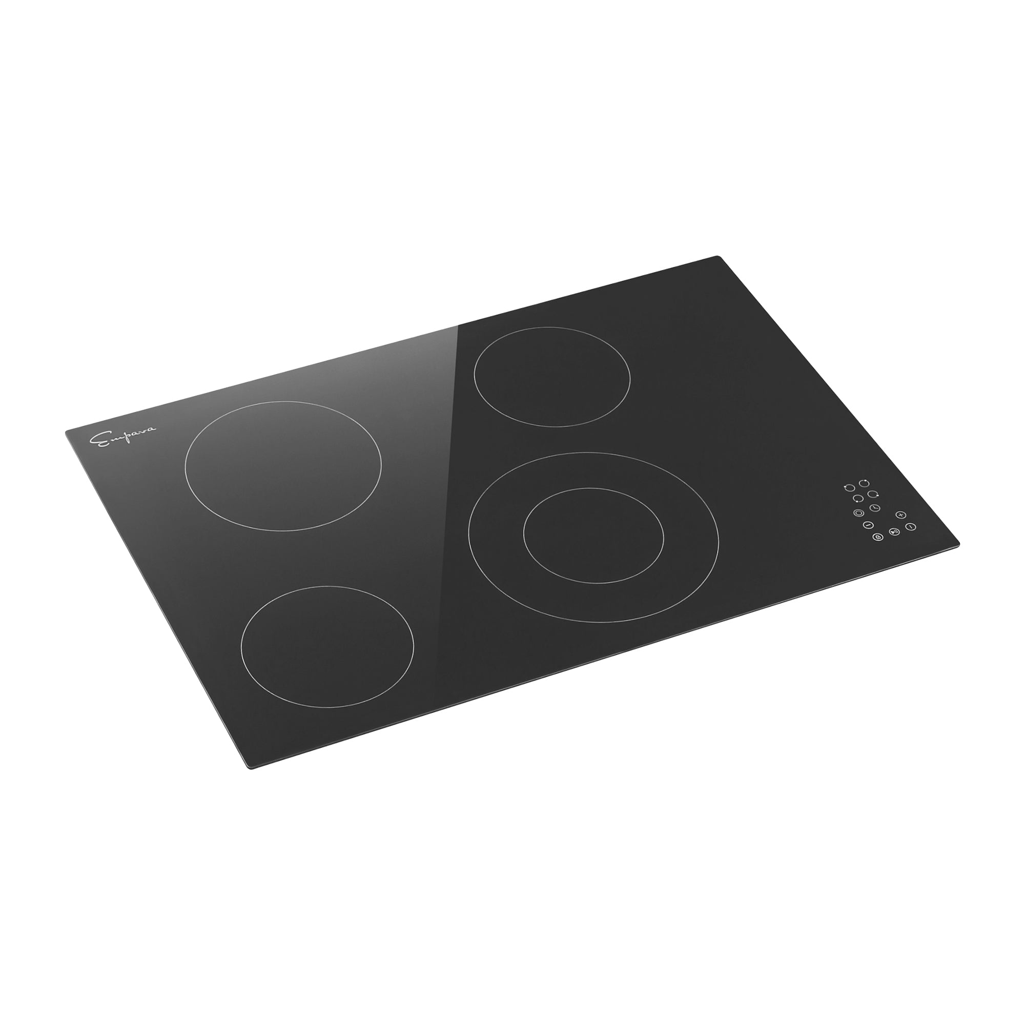 The Empava 30 Inch Black Electric Radiant Cooktop boasts a sleek ceramic glass surface with four circular cooking zones of varying sizes. Its smooth, modern design includes touch-sensitive control buttons on the right side, and the brand logo is prominently displayed on the top left corner.