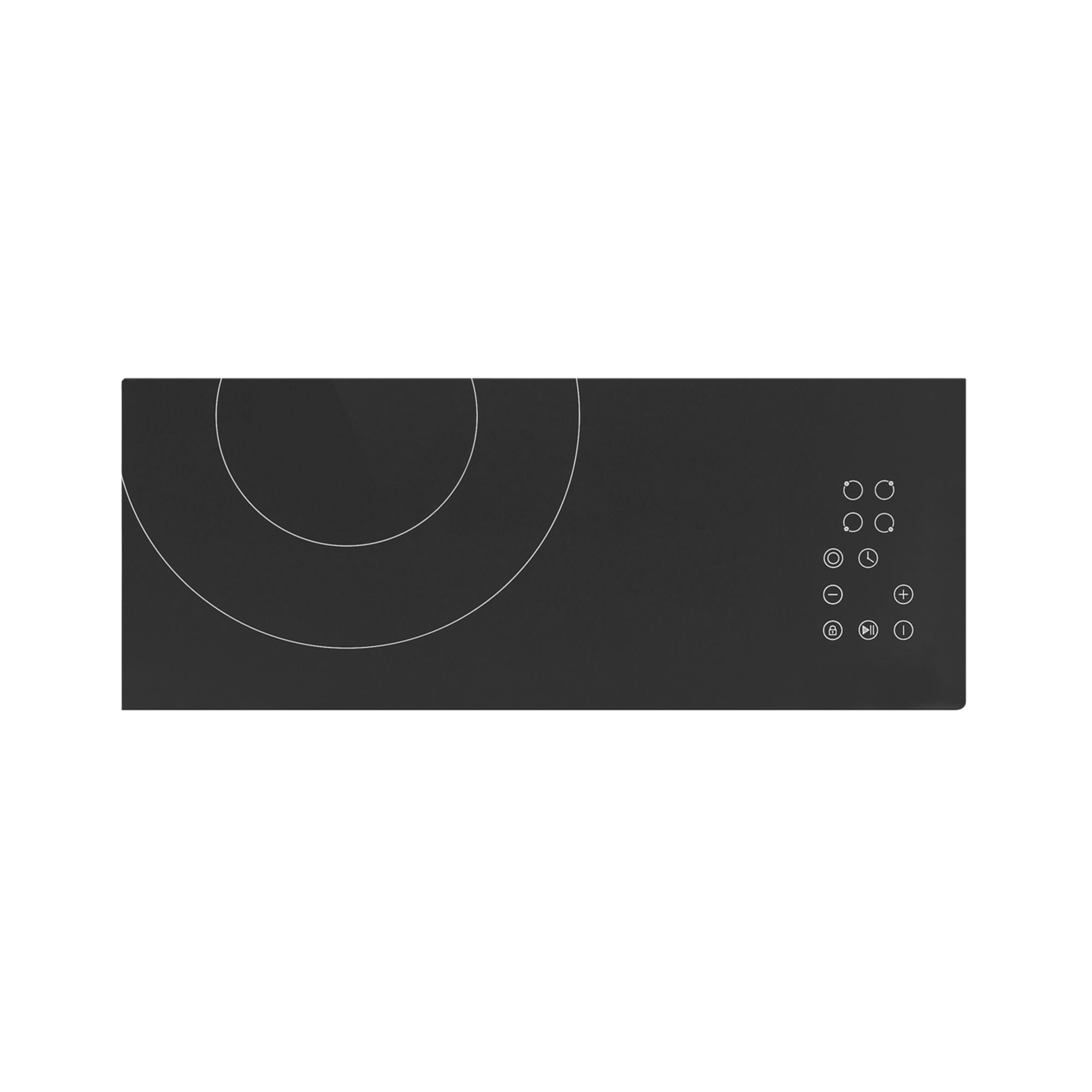 The Empava 30 Inch Black Electric Radiant Cooktop features two cooking zones delineated by white concentric circles and a touch control panel on the right side, complete with various icons and buttons for different functions.