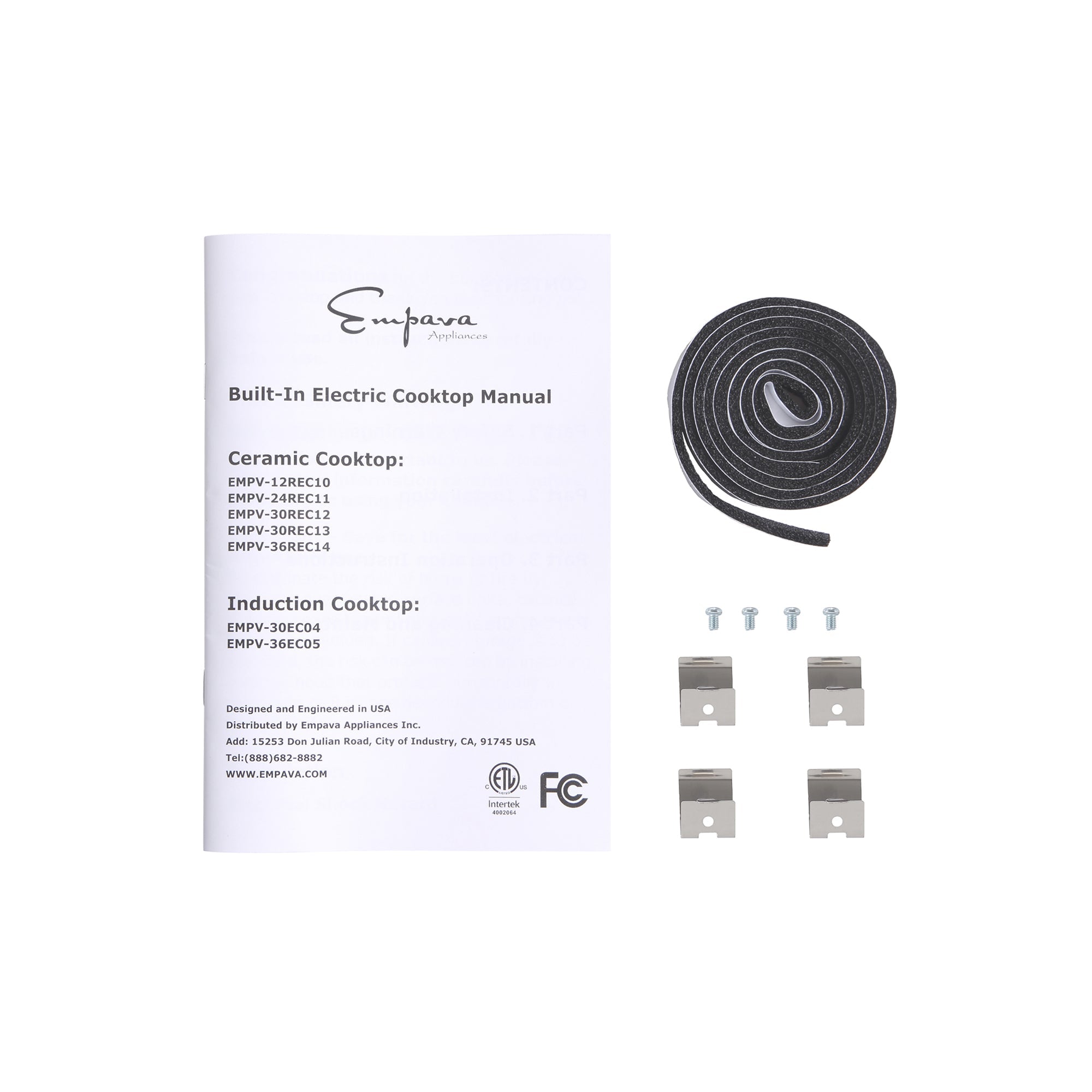 An Empava 30 Inch Black Electric Radiant Cooktop Manual is pictured alongside a roll of black sealing tape, four square metal clips, and four screws. The manual details models for ceramic and induction cooktops, including products certified by ETL and FCC, showcasing the quality of Empava appliances.