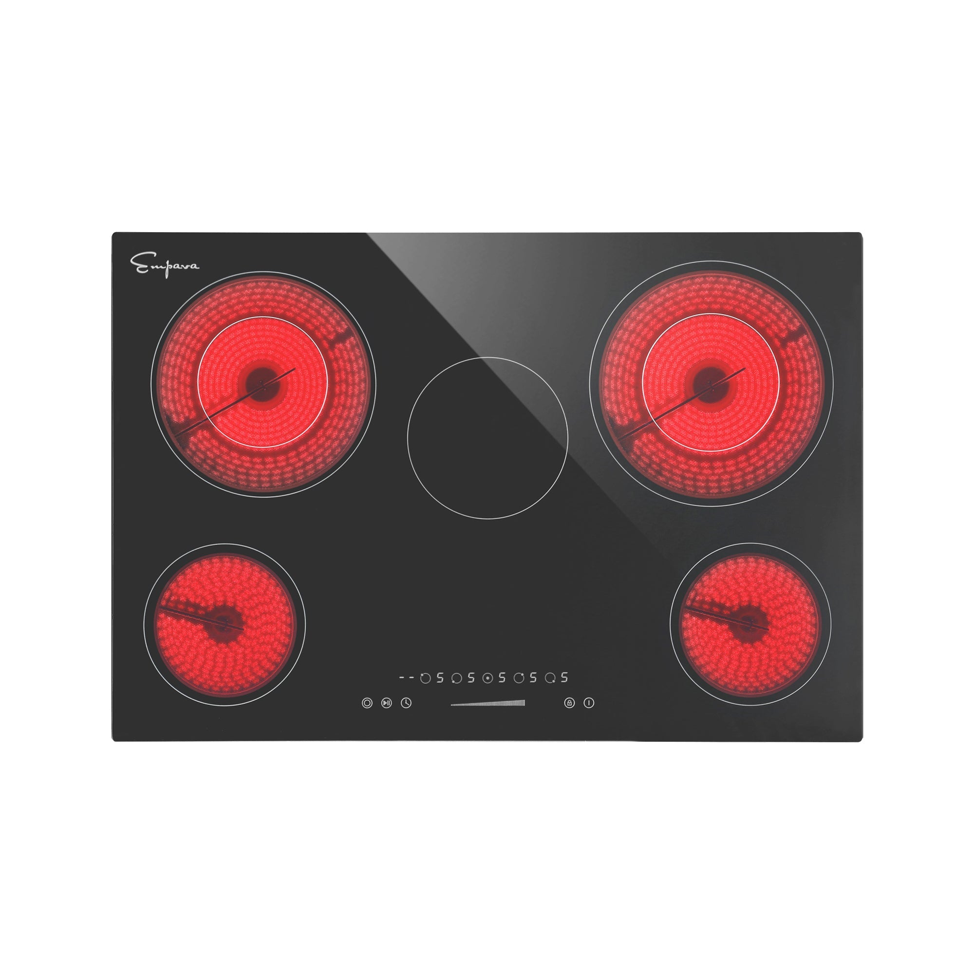 Introducing the Empava 30 Inch Black Electric Radiant Cooktop, featuring four red-lit burners. It includes three large burners positioned in the upper left, upper right, and lower right corners, along with one small burner in the lower left corner. The touch control panel, adorned with various symbols, is conveniently located at the bottom center. The Emperium brand logo is proudly displayed in the top left corner. This cooktop is an ideal choice for those who appreciate quality Empava appliances.