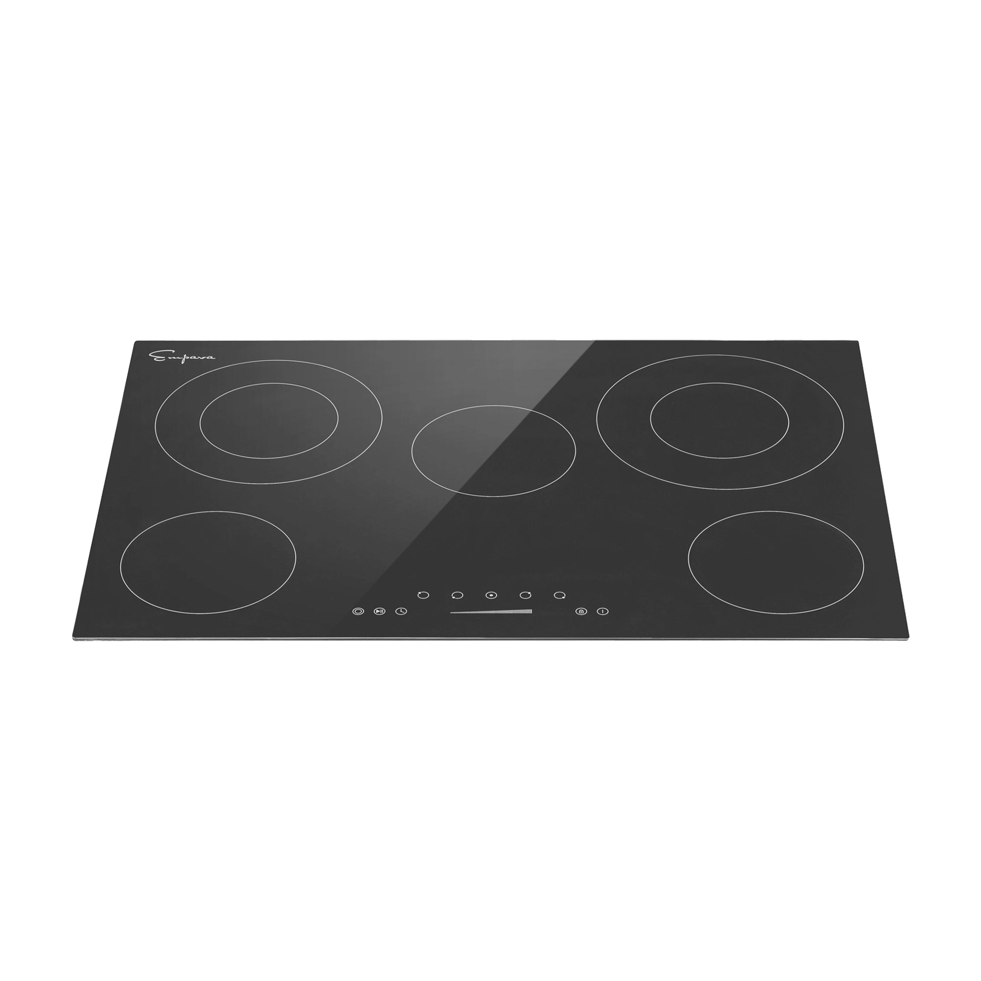 The Empava 30 Inch Black Electric Radiant Cooktop features five circular heating zones arranged in a T-formation. Touch-sensitive control buttons are centrally positioned near the bottom edge of the cooktop's surface, and a small logo adorns the top left corner.