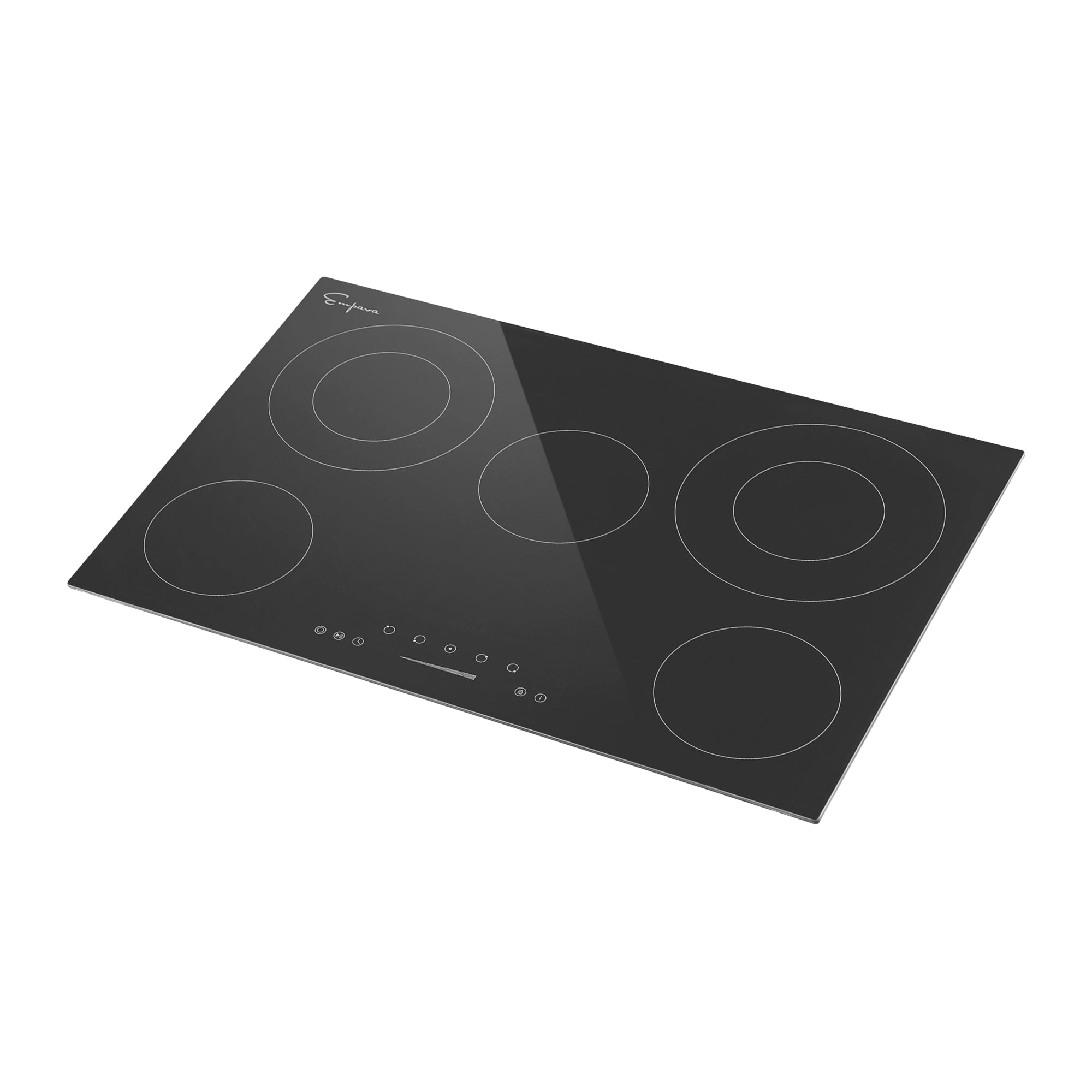 The Empava 30 Inch Black Electric Radiant Cooktop features a sleek glass-ceramic design with five circular burners of varying sizes. Positioned at the center of the front edge, touch control buttons enhance its minimalist design, while a reflective surface and logo in the top left corner complete its modern look.