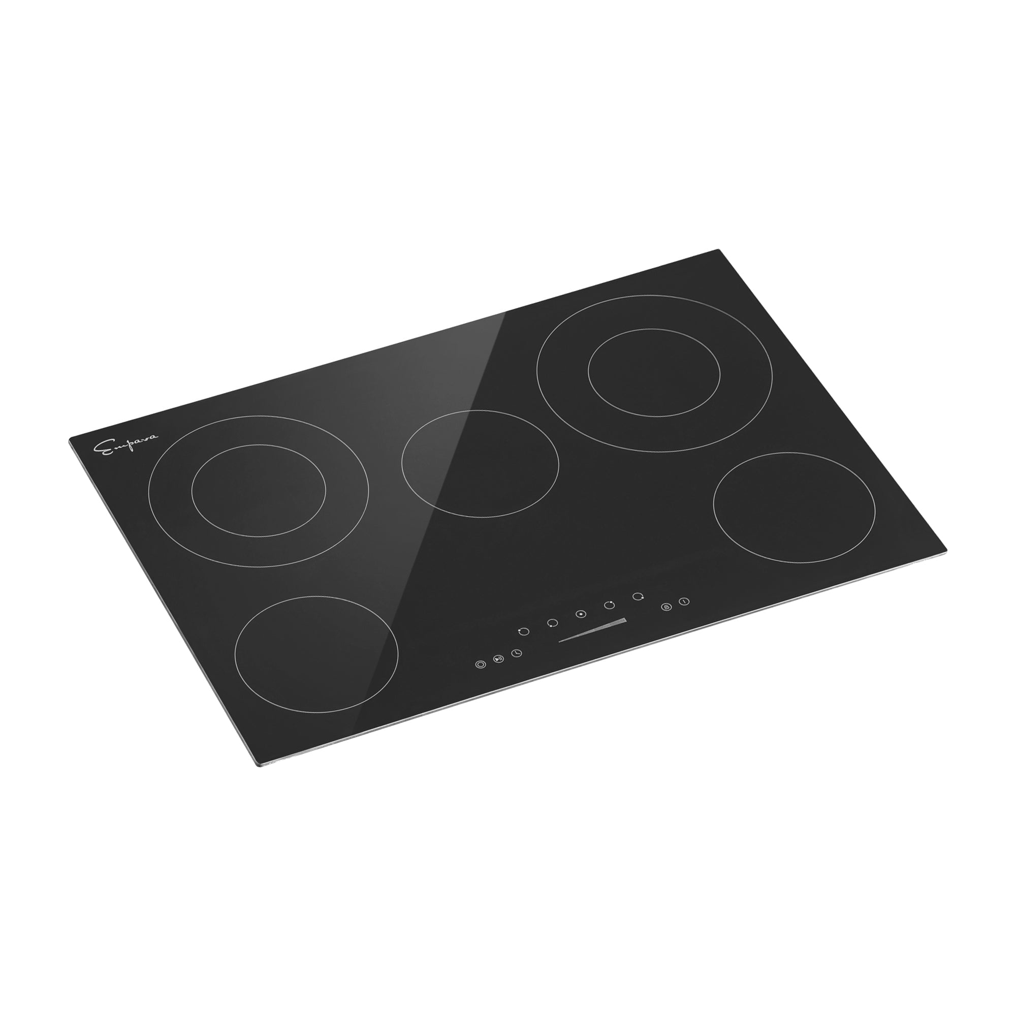 The Empava 30 Inch Black Electric Radiant Cooktop features a sleek design with five circular burners of different sizes. The cooktop's touch controls are conveniently located at the front center, beneath the burners. Its smooth and reflective surface exudes a minimalist aesthetic.