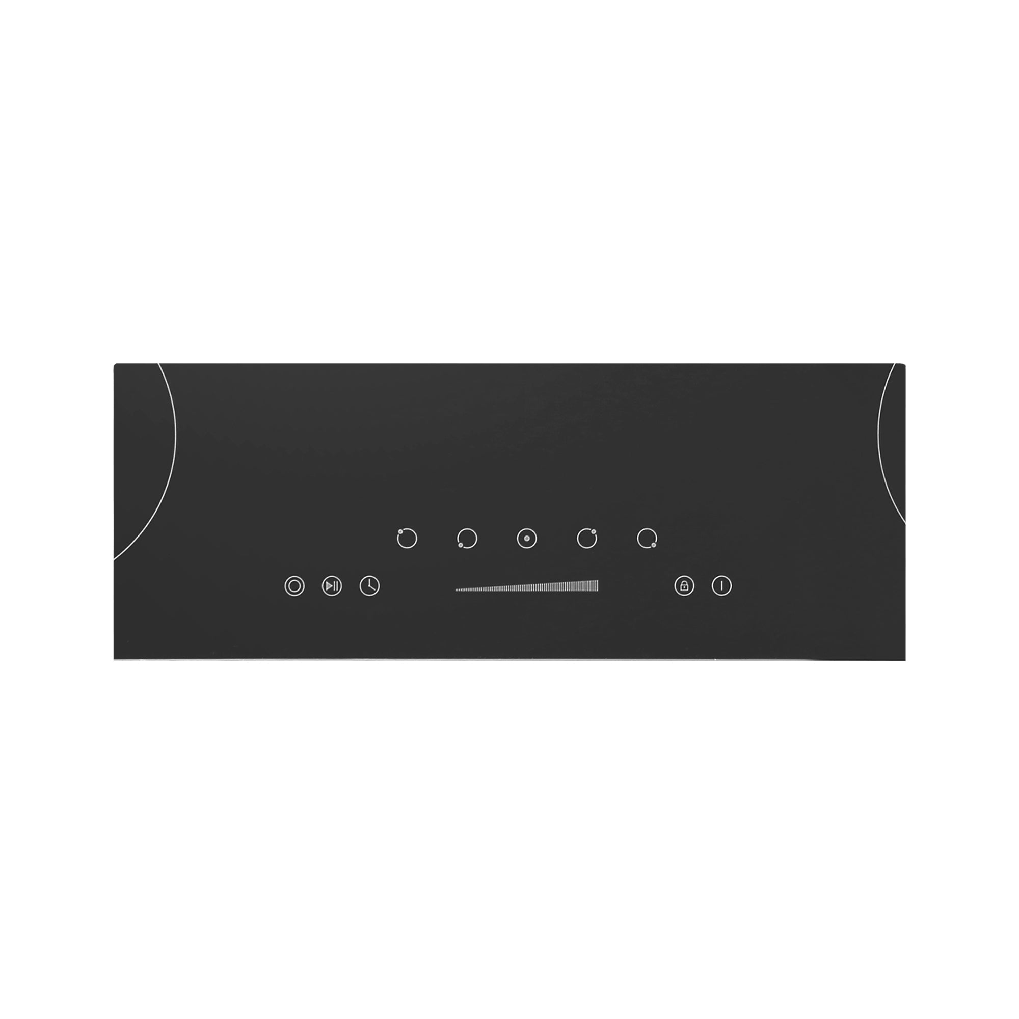 The Empava 30 Inch Black Electric Radiant Cooktop boasts a sleek, minimalist design. It features centrally located touch control buttons for power settings and cooking zones. The cooktop has a smooth, flat surface with subtle circular outlines indicating the heating areas.