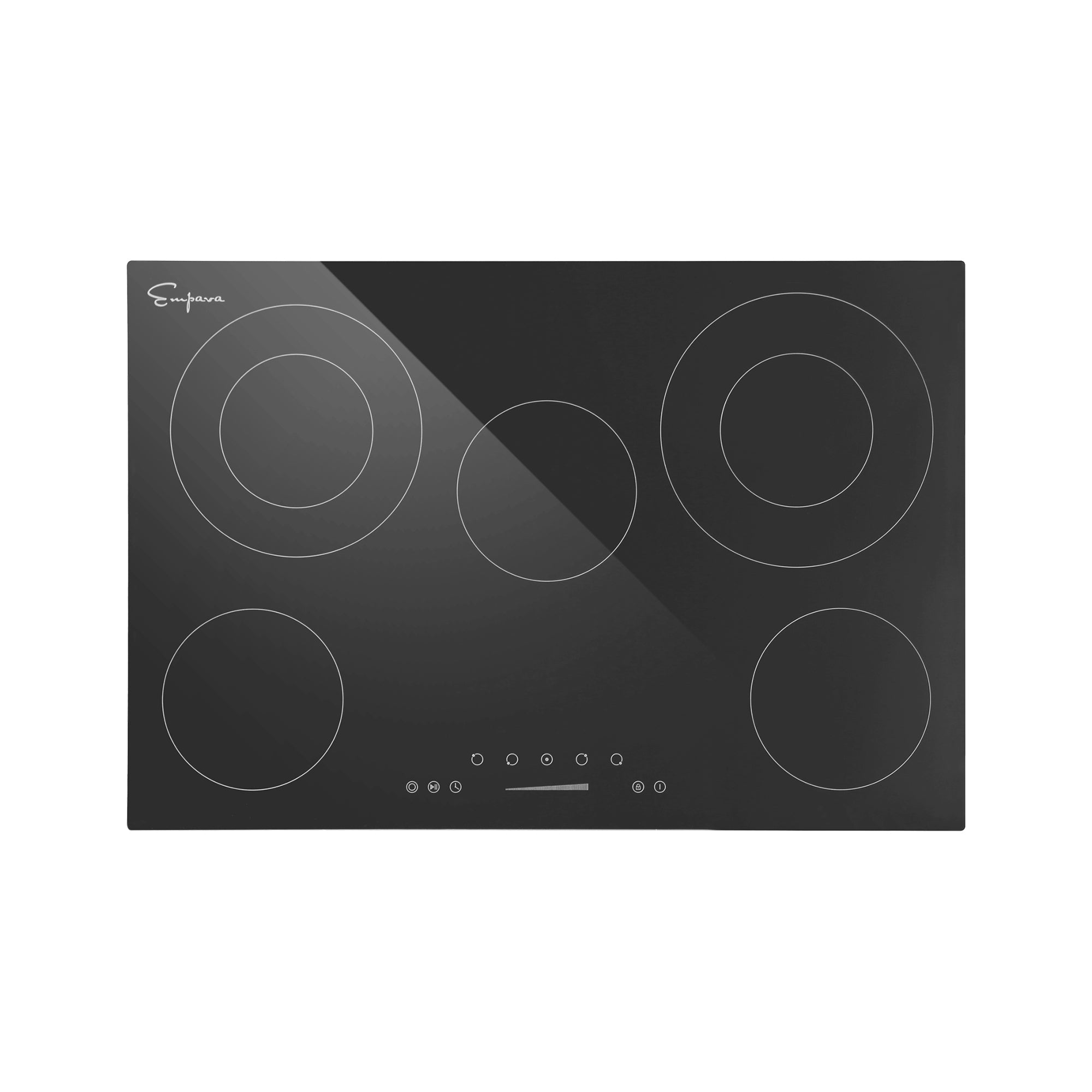 The Empava 30 Inch Black Electric Radiant Cooktop offers a sleek glass-ceramic surface featuring five circular heating zones of varying sizes. The front center hosts touch controls for easy temperature adjustments and settings, while the top left corner proudly displays the Empava logo. The immaculate surface exudes a modern aesthetic.