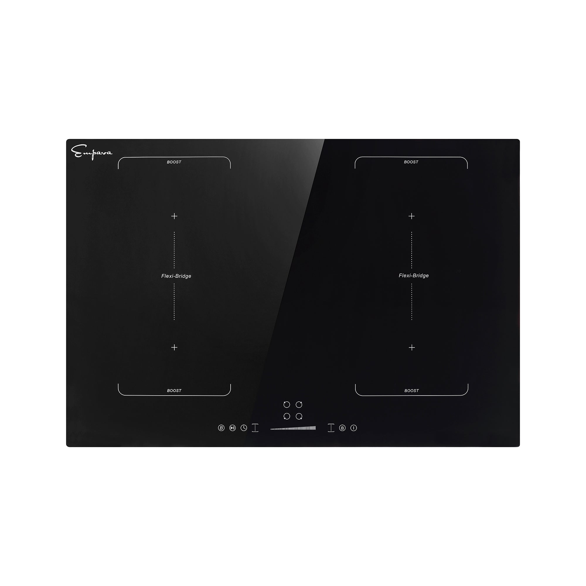 The image showcases the Empava 30 Inch Black Electric Stove Induction Cooktop with touch controls. This sleek and modern cooktop features four cooking zones, two on each side, equipped with "BOOST" and "Flexi Bridge" functionalities. The design is minimalistic, highlighted by touch buttons centrally located on the cooktop.