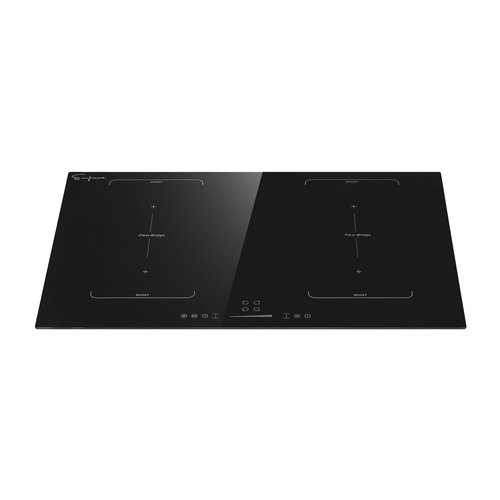 The Empava 30 Inch Black Electric Stove Induction Cooktop features a sleek, modern design with two cooking zones. Each zone is marked with a plus symbol at the center and bordered by white lines. The cooktop includes a digital control panel at the front equipped with touch-sensitive buttons.