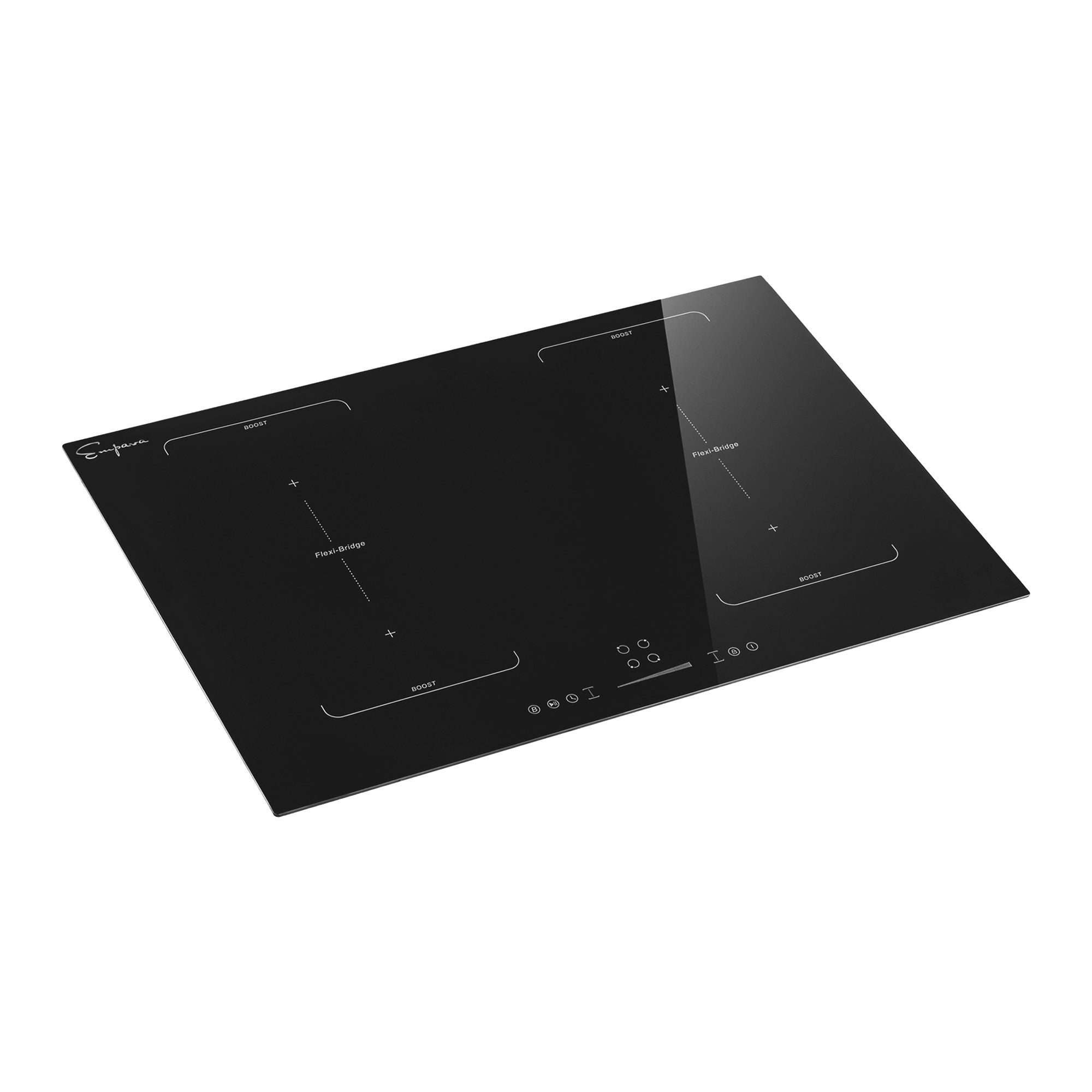 The Empava 30 Inch Black Electric Stove Induction Cooktop features a sleek glass surface with four heating zones, intuitive control buttons, and minimalist white labels indicating the cooking areas and control interface. This cooktop boasts a modern design perfect for a contemporary kitchen setting.