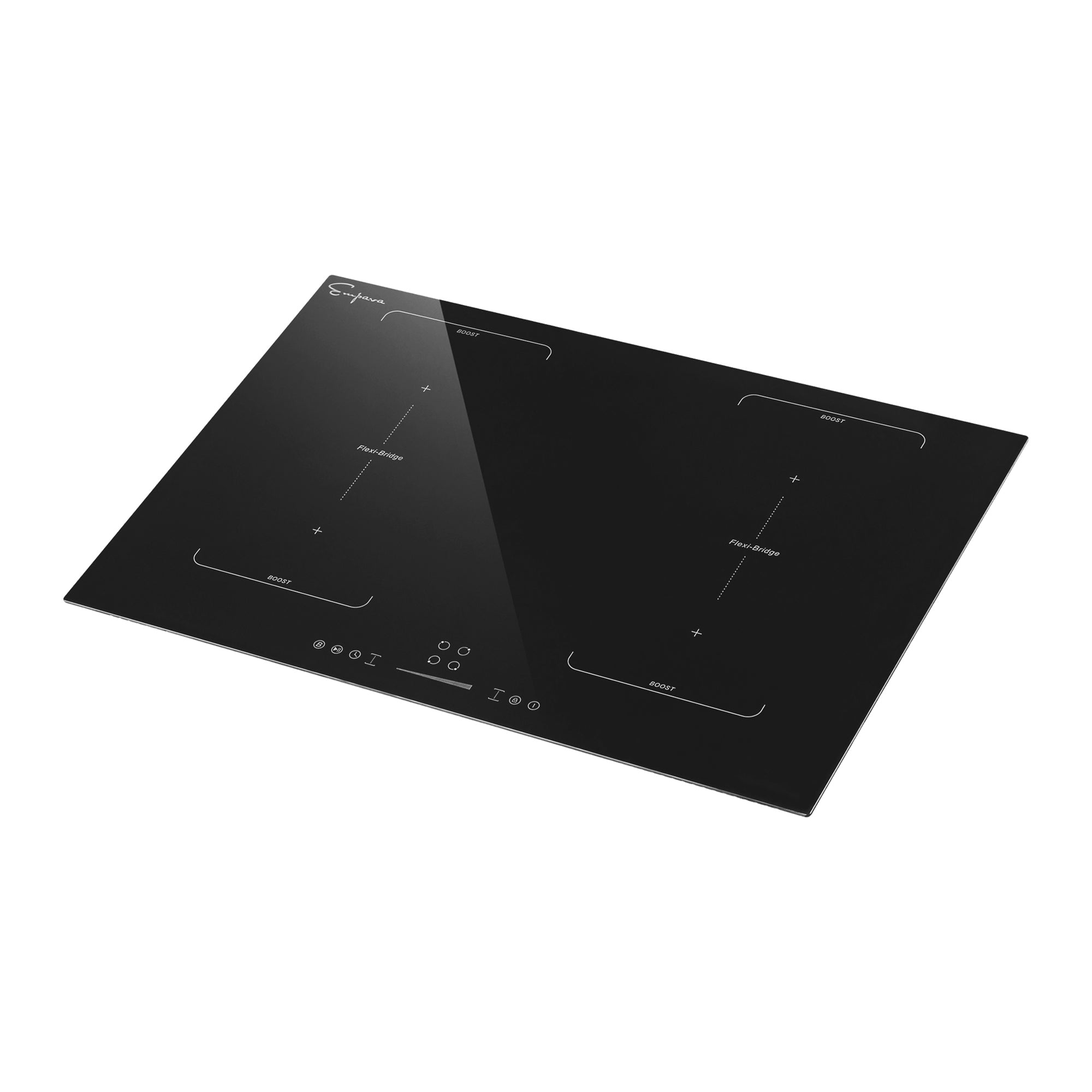 The Empava 30 Inch Black Electric Stove Induction Cooktop presents a sleek design with four cooking zones. The touch-sensitive control panel with LED indicators is conveniently located at the front center, and each cooking zone is distinguished by a cross and labeled "Power Zone.