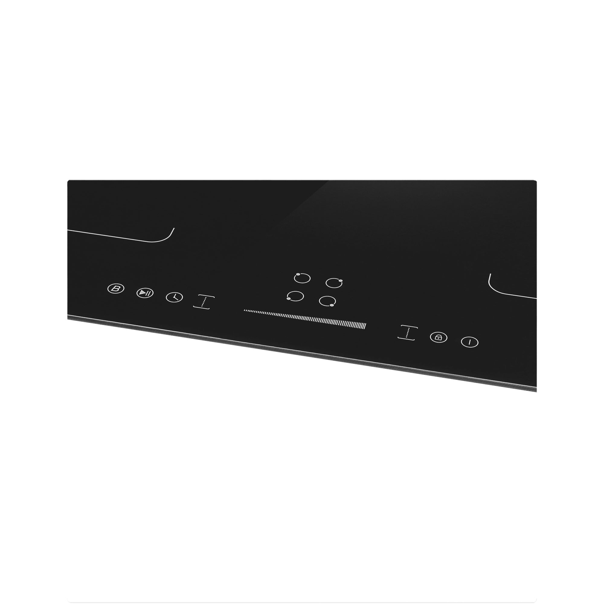 Image of the Empava 30 Inch Black Electric Stove Induction Cooktop. The cooktop features multiple touch-sensitive buttons for settings and adjustments. The surface is shiny, with minimalistic icons indicating different cooking functions. The cooktop has a sleek, modern design.