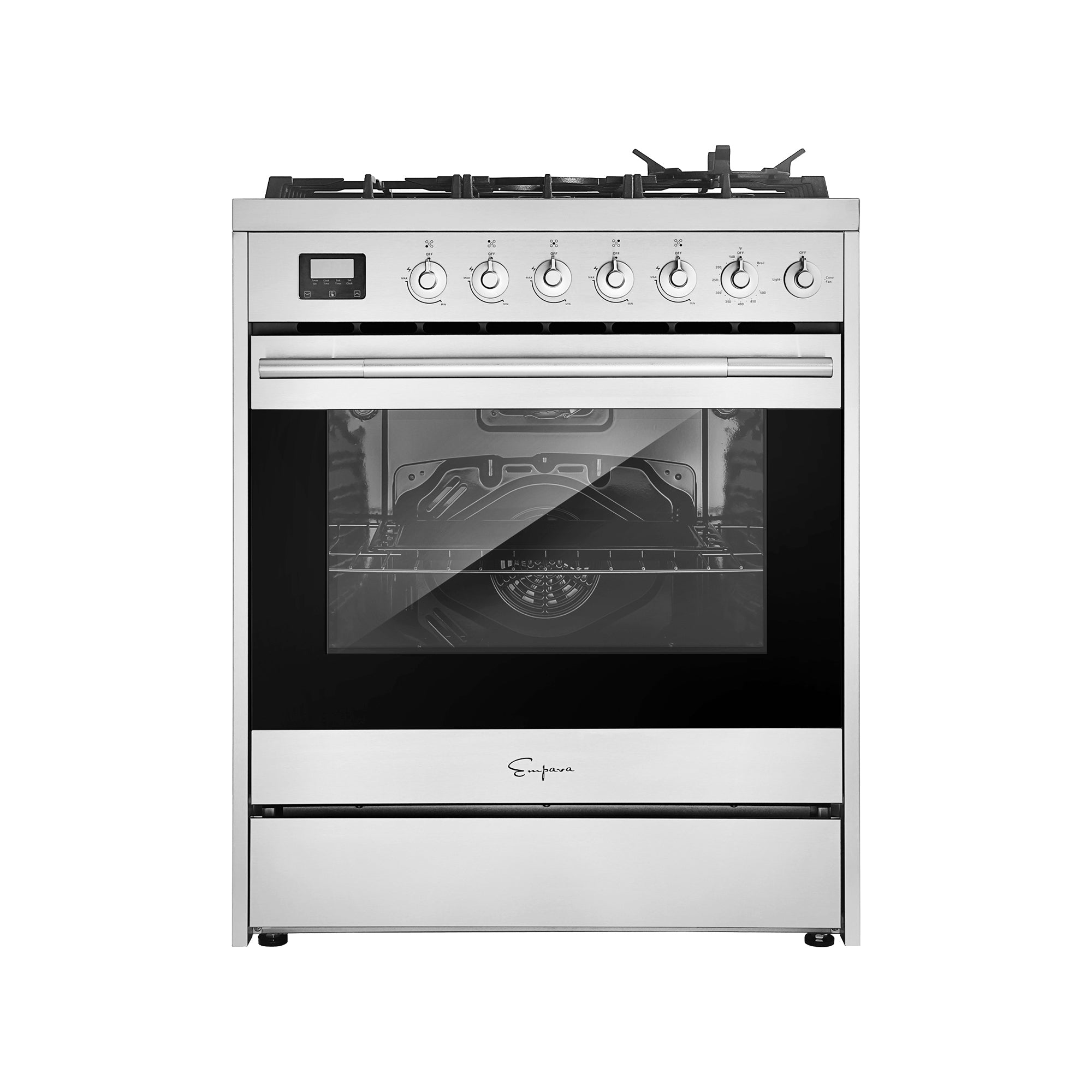 Empava's 30 Inch Freestanding Range Gas Cooktop and Oven boasts a modern stainless steel design, featuring four burners on the stovetop, six control knobs, and an electronic display. The spacious oven is highlighted by its transparent door with the "Esquina" brand name below and is well-illuminated to showcase its ample interior.