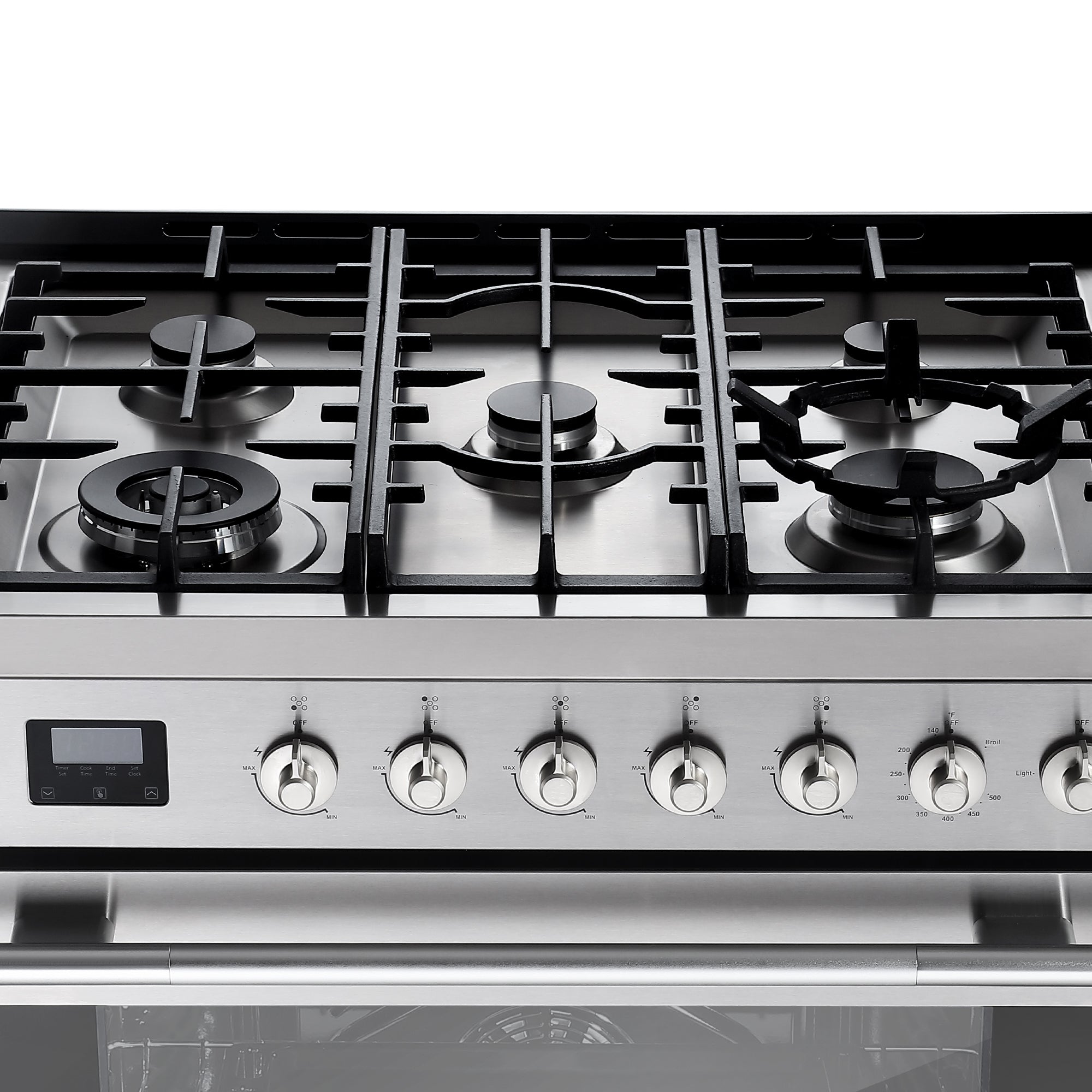 Image of the Empava 30 Inch Freestanding Range Gas Cooktop And Oven. This stainless steel appliance features five burners, including a large central burner and four smaller surrounding burners, all aligned in a row. The control knobs for adjusting flame levels are conveniently located below the burners, and it also includes a digital display for enhanced functionality.