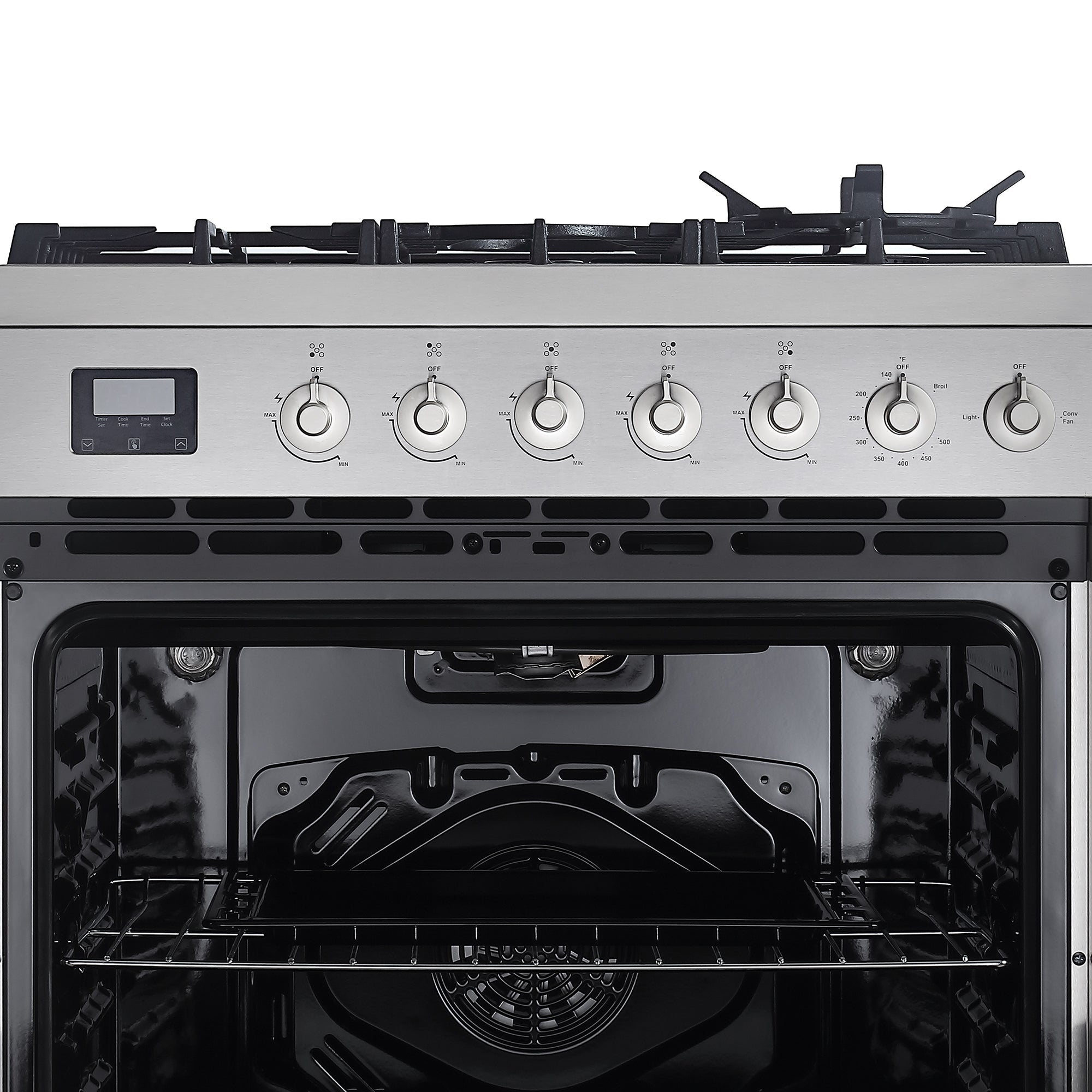 The Empava 30 Inch Freestanding Range Gas Cooktop And Oven, featuring stainless steel construction, includes six burner dials and an electronic display on the left side. The open oven door reveals a black, clean interior with two adjustable racks and a visible fan at the back.